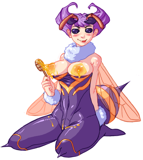 blush breasts clothing dark dark_(artist) darkstalkers honey large_breasts monster_girl purple_hair q-bee
