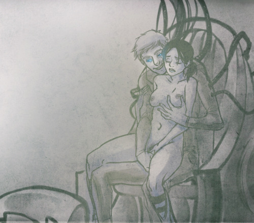 1boy 1girls areolae bare_shoulders boots breast_fondling breast_grab breasts chell closed_eyes clothed_female_nude_male dark_hair female female_pubic_hair fingering fondling from_behind glowing glowing_eyes greyscale grin groping knee_boots legs_apart machine male medium_breasts monochrome navel nipples ponytail portal_(series) pubes pubic_hair questionable_consent reach_around robot sitting sitting_on_lap sitting_on_person straight wheatley