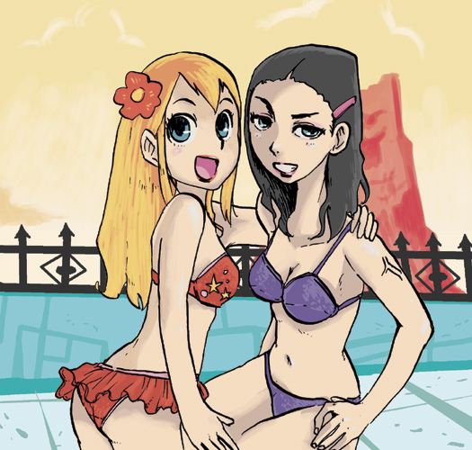 2girls black_hair blonde_hair breasts brown_skin danny_phantom female female_only hamuuma human nickelodeon paulina_sanchez star_(danny_phantom) swimsuit