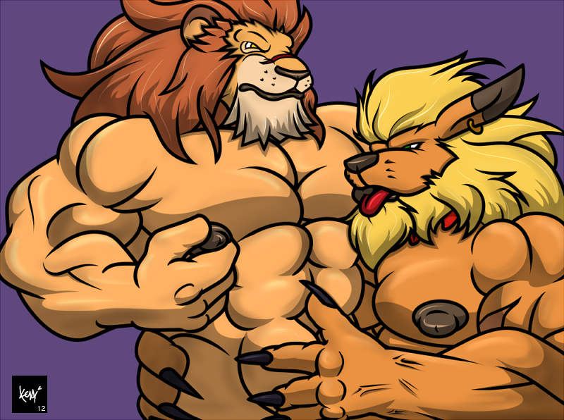 claws color digimon gay leo leomon male male_only multiple_males muscles nude purple_background red_earth simple_background warzard yaoi