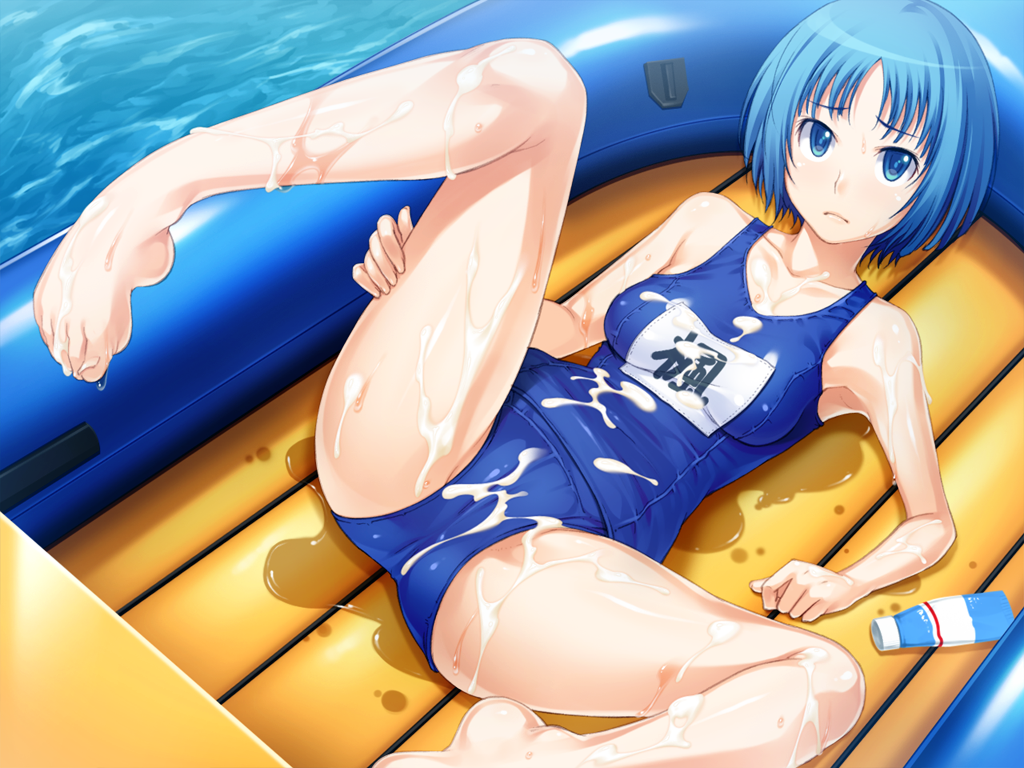 blue_hair game_cg mizugi_no_shimobe-kun school_swimsuit shiun short_hair swimsuit wet