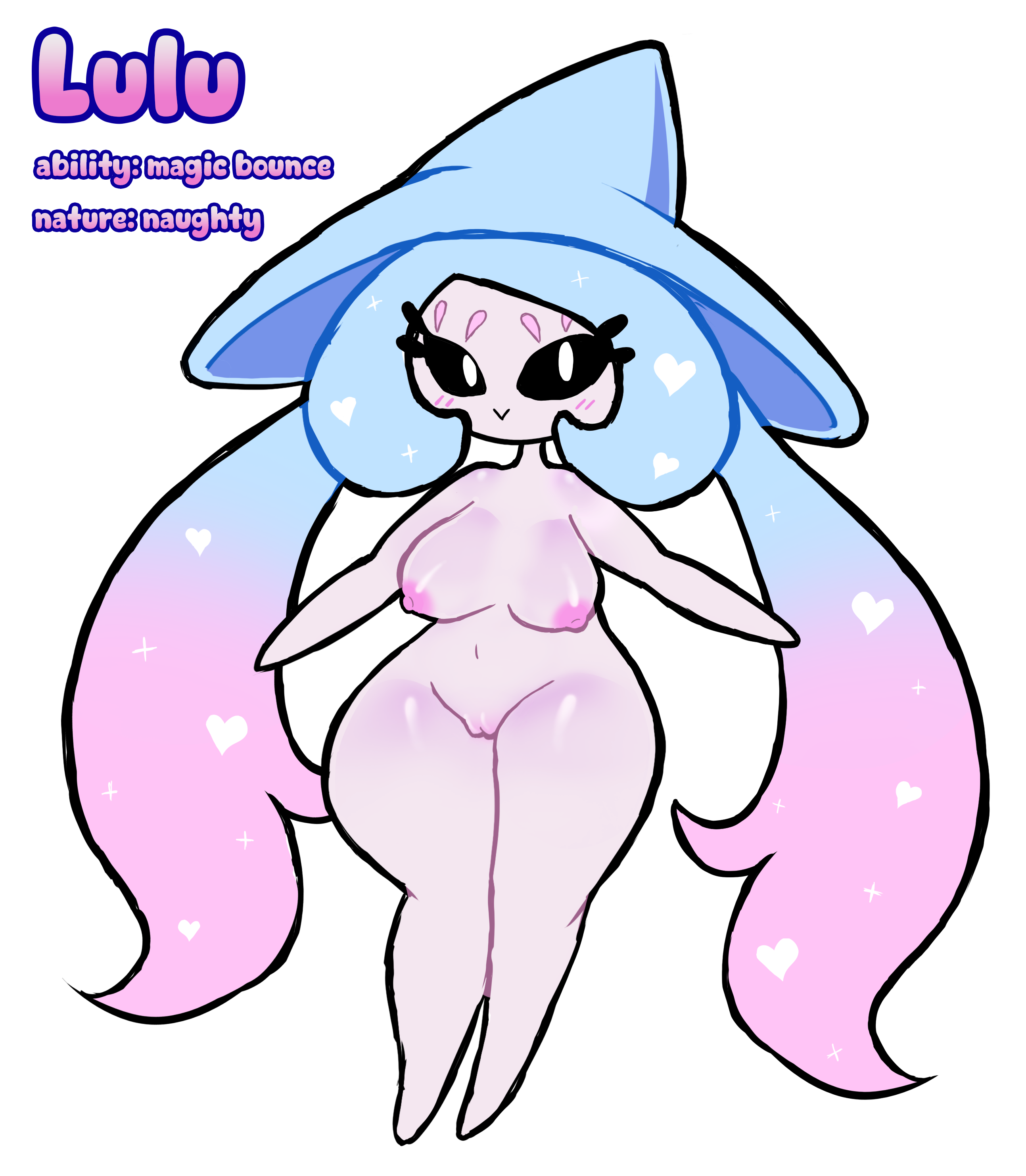 alien girl, alien humanoid, alien/human, blue hair, blush, boobs, breasts, breasts out, cute, cute face, fat pussy, fat thighs, gradient hair, hatterene, long hair, nipples, oc, pigtails, pink hair, pokemon, pokemon (species), pokemon swsh, pussy, soft breasts, thick thighs, thighs, veevers, witch, witch hat