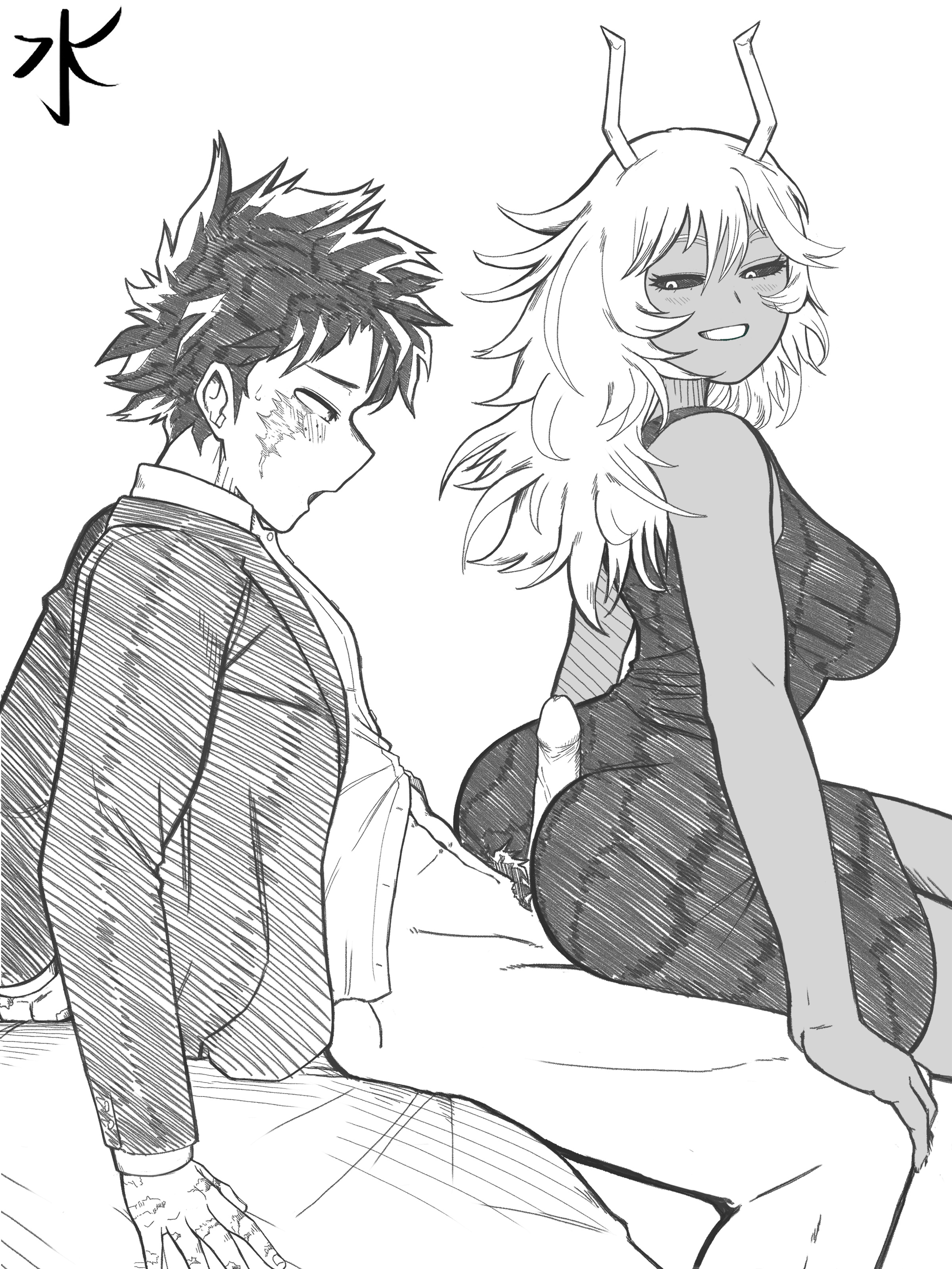 1boy, 1boy1girl, 1girl, 1girls, ass, assjob, assjob over clothes, assjob through clothes, boku no hero academia, buttjob, buttjob over clothes, huge ass, izuku midoriya, lap dance, looking back, looking pleasured, mina ashido, mina ashido time-skip, mizutori, my hero academia, my hero academia (finale), post-timeskip, teasing