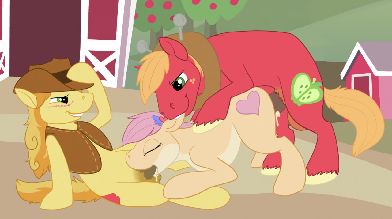 big_macintosh_(mlp) biting blush bottomless braeburn_(mlp) closed_eyes clothes cum cum_in_mouth cum_inside cutie_mark day earth_pony equine fellatio female feral friendship_is_magic fur furry_ears green_eyes hair hat insertion male multiple_males my_little_pony nude open_eyes oral orange_hair outdoors pink_hair pointy_ears pony red_fur sex side_view smile straight tail