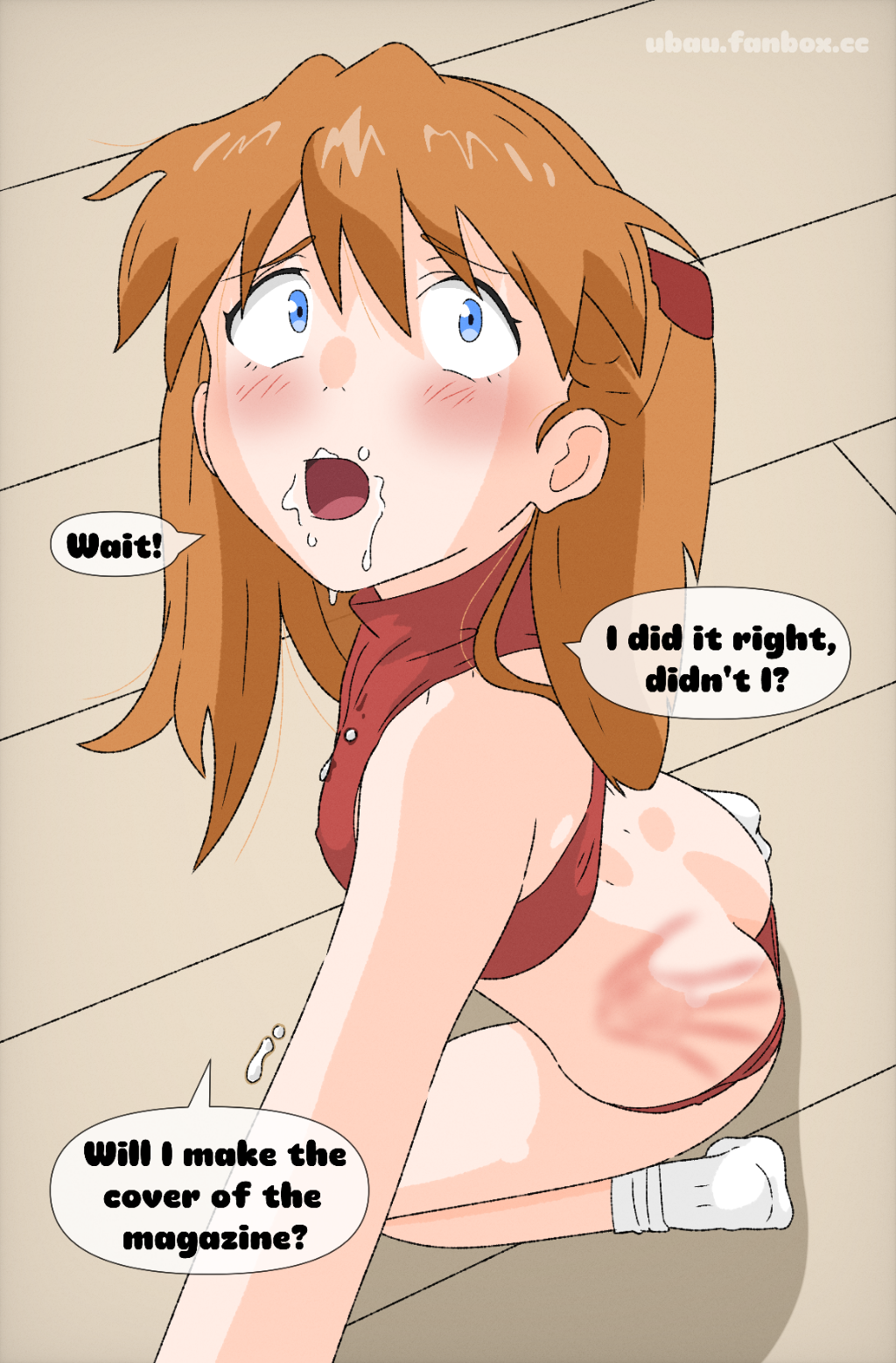 1girl, after fellatio, ass, ass focus, asuka langley sohryu, blue eyes, blush, blushing, cum, desperate, desperation, dialogue, drool, drooling, evangelion, female, female focus, good girl, looking at viewer, neon genesis evangelion, orange hair, red mark on ass, red markings, simple background, sole female, spank marks, spanked butt, spanking, spanking ass, thighs, ubau, white socks