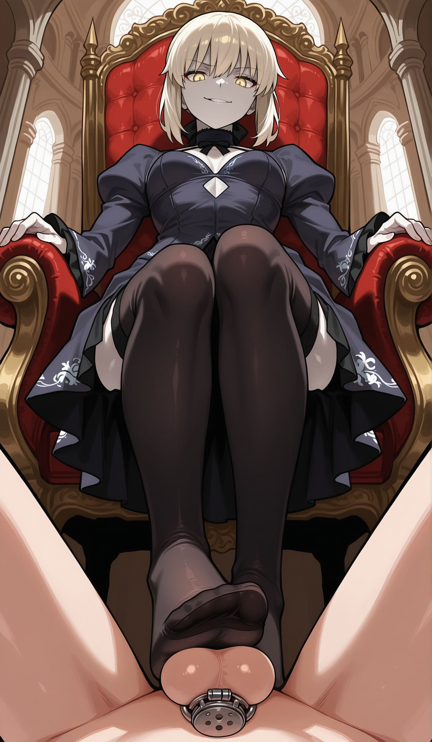 ai generated, angra mainyu (fate), chastity cage, clothed female nude male, elkazama yumi, fate/grand order, femdom, foot fetish, possessed, possession, pov, saber alter, stepped on