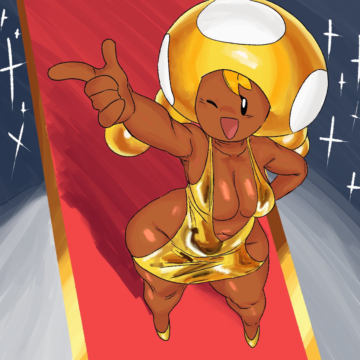 1girls 2026 2d breasts chubby chubby_female cleavage dark-skinned_female dark_skin dress dumbwitchyy female female_only footwear gold_dress gold_hair hair mario_(series) nintendo one_eye_closed shoes solo toadette