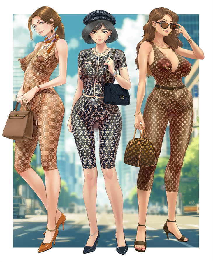 3girls, areolae, ass, big areola, big breasts, body paint, bodypaint, breasts, censored, chichimaro, city background, clitoris, clitoris piercing, clitoris ring, completely nude, completely nude female, daytime, false clothes, female, female only, full body, glasses, hat, heels, huge breasts, milf, naked, naked female, navel, navel piercing, nipple piercing, nipples, nude, nude female, original, outdoors, outside, painted clothes, pierced nipples, piercing, piercings, public, public exposure, public nudity, pussy, ring piercing, shoes, standing, tattoo uniform, thick, thick thighs, thighs