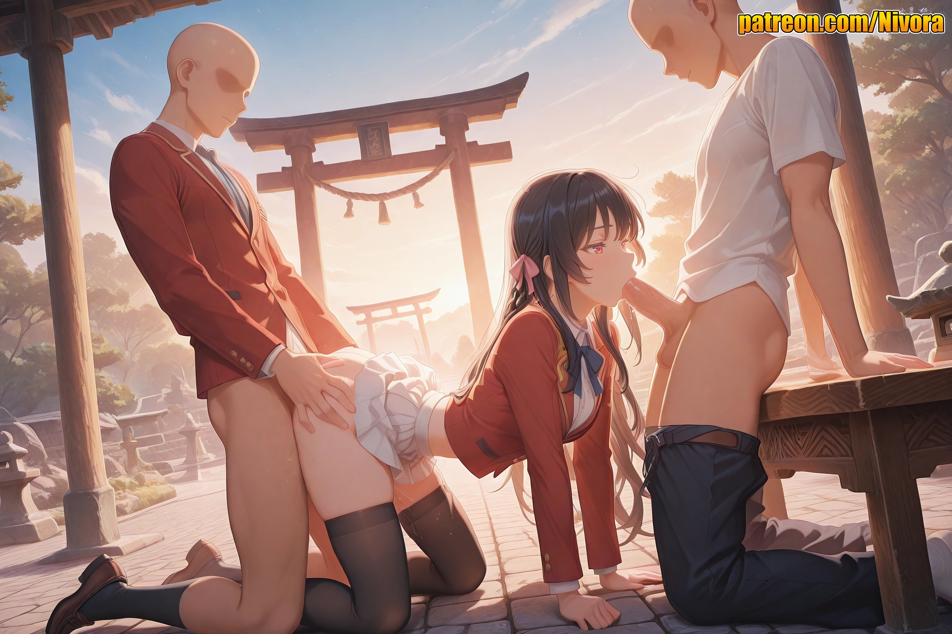 1girl, 2boys, 3boys, ai generated, all fours, ass grab, bald, black hair, black socks, black thighhighs, blazer, blue bow, blue bowtie, blush, bow, bowtie, breasts, brown footwear, censored, classroom of the elite, clothed sex, clothes lift, clothes pull, cloud, collared shirt, day, doggystyle, double penetration, faceless, faceless male, fellatio, from side, group sex, hair ribbon, hetero, horikita suzune, jacket, large breasts, loafers, long hair, long sleeves, medium breasts, mmf threesome, mosaic censoring, multiple boys, necktie, nivora, oral, outdoors, pants, penis, pleated skirt, red eyes, red jacket, ribbon, rope, school uniform, sex, sex from behind, shirt, shoes, skirt, skirt lift, sky, socks, spitroast, stone lantern, thighhighs, threesome, torii, underwear, white shirt, white skirt, youkoso jitsuryoku shijou shugi no kyoushitsu e