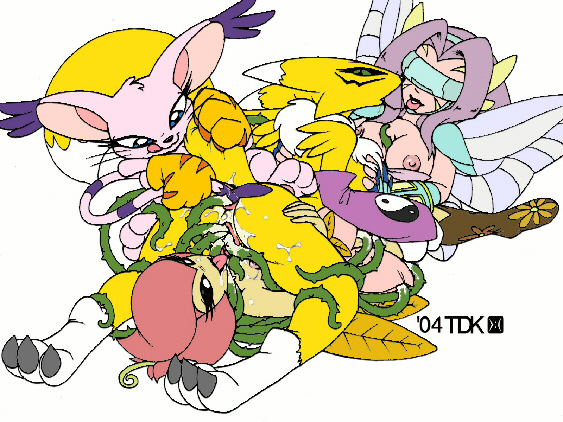 2004 4_wings breasts digimon fairimon fairy fairy_wings fairymon female female_only gatomon kazemon leaf leaf_wings leaves lillymon multiple_girls plant plant_girl pussy renamon tailmon tdk tentacle vine_hair vines visor visor_(eyewear) wings yuri