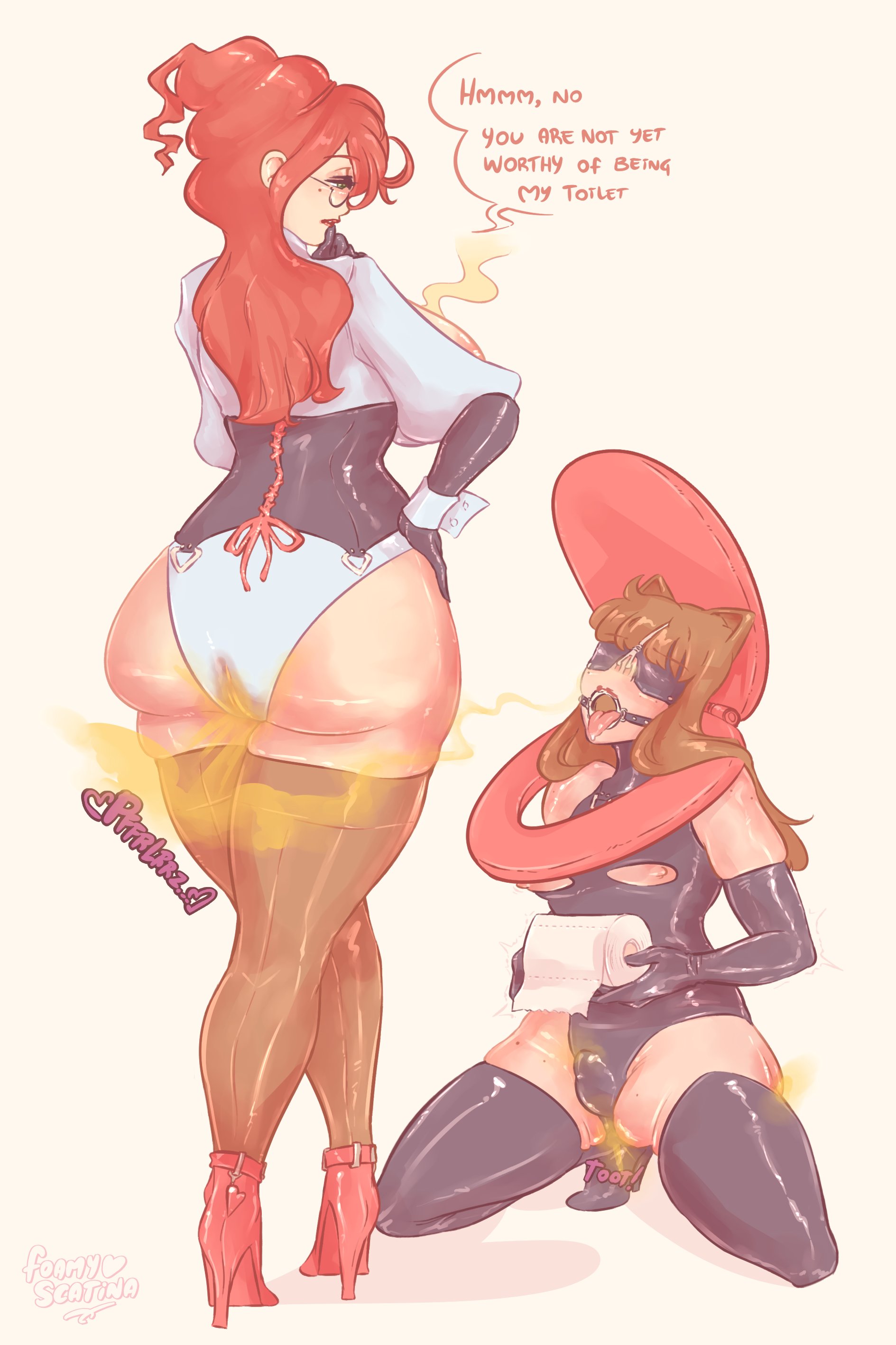 1boy, 1femboy, 1girl, bdsm, beauty mark, big ass, big butt, big thighs, blindfold, brown hair, cat ears, colored, corset, dialogue, dirty talk, dominant female, dominated male, fart, fart cloud, fart fetish, farting, femboy, femboysub, gagged, glasses, hairbun, high heels, humiliation, latex, latex suit, light-skinned female, light-skinned male, nipples, nose hook, on knees, open mouth, pantyhose, penis bulge, plump ass, red hair, scatina, slave, speech bubble, stink fumes, submissive male, text, thick ass, thighhighs, toilet paper, toilet seat, tongue out, white panties