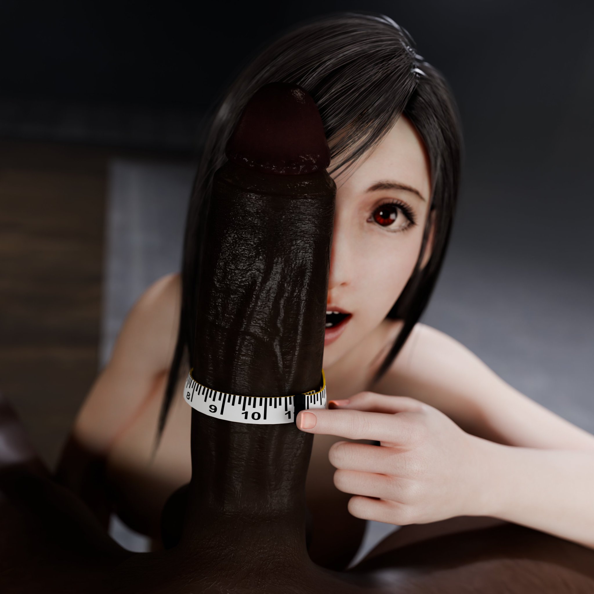 1boy, 1girls, 3d, african male, asian female, barret wallace, big penis, black hair, cock worship, dark-skinned male, derpderp, final fantasy, final fantasy vii, final fantasy vii remake, interracial, light-skinned female, looking at viewer, measuring penis, nude female, nude male, penis bigger than head, penis on face, red eyes, submissive female, tifa lockhart, veiny penis