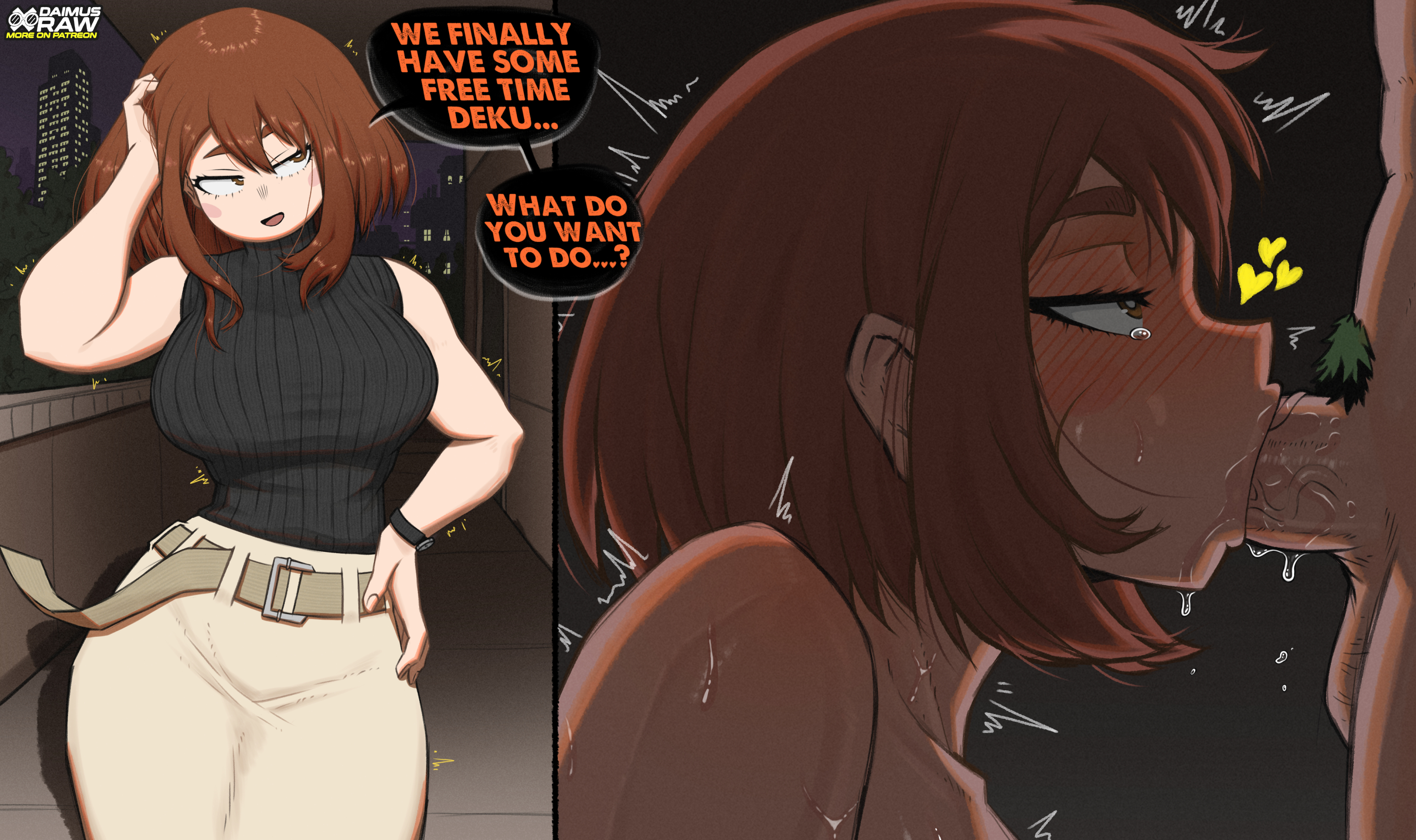 1boy, 1girls, big breasts, blowjob, blush, boku no hero academia, breasts, brown hair, brown-haired female, daimusraw, fellatio, human, human female, human male, izuku midoriya, large breasts, light-skinned female, my hero academia, my hero academia (finale), ochako uraraka, post-timeskip, slim waist, sucking, uraraka ochako, wide hips