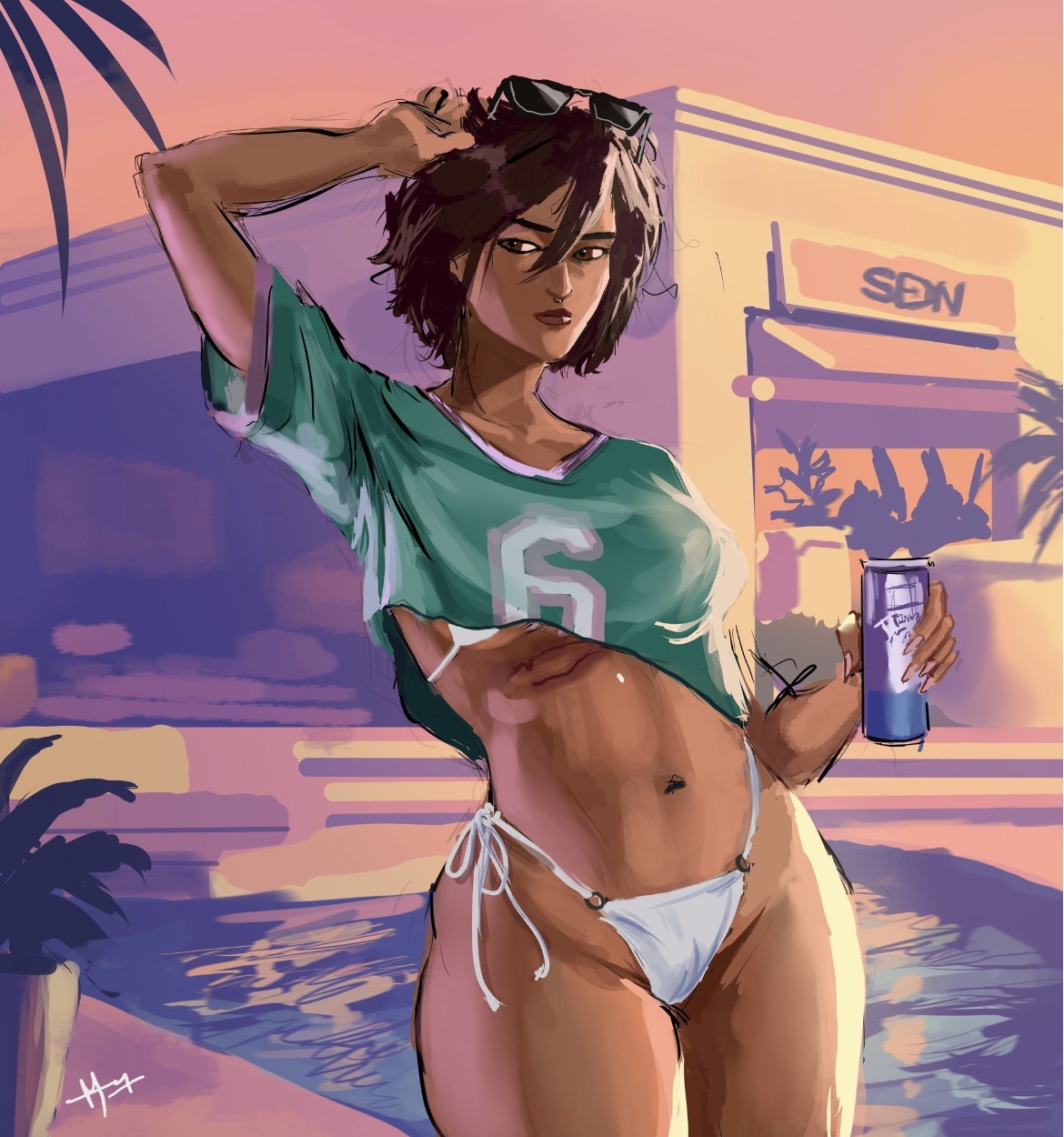 belly, belly button, bikini bottom, bra, bra showing, brown hair, crossover, curvy, curvy figure, dark-skinned female, dispatch (game), drink, female torso, gta vi cover girl, hair ornament, invisigal, midriff, panties, short hair, sunglasses, sunglasses on head, thick thighs, wide hips