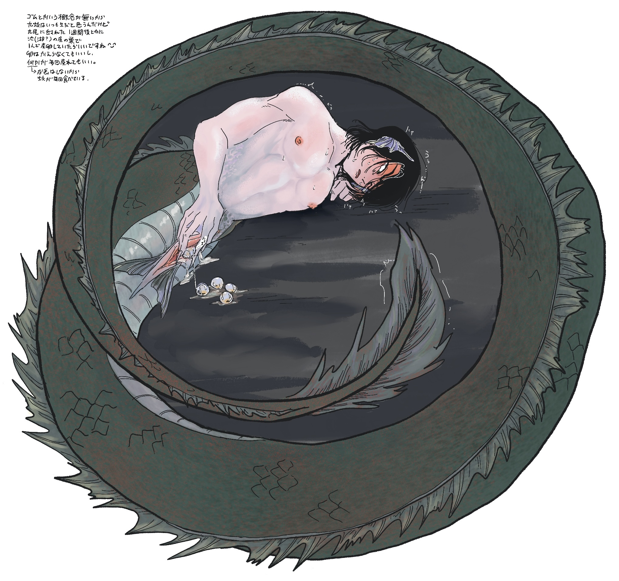 alternate species, animal genitalia, birth, black hair, blush, cloaca, ear fins, egg, egg laying, eggs, fish eggs, genital fluids, gintama, hair over one eye, male, male only, male pregnancy, merfolk, merman, nude, on side, solo, sweat, takasugi shinsuke, uncensored
