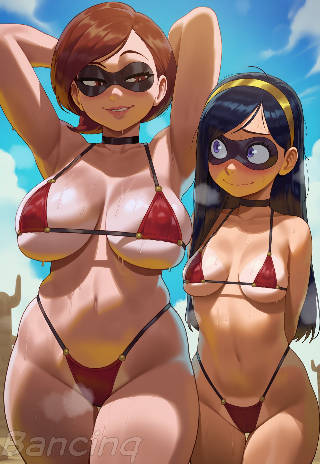 2girls, ai generated, bancinq, beach, big breasts, bikini, black hair, breasts, brown eyes, brown hair, busty, busty female, curvaceous, curvy, curvy body, curvy female, curvy figure, curvy hips, female, female focus, female only, helen parr, hourglass figure, light skin, light-skinned female, long hair, mature, mature female, medium breasts, milf, mother, mother and child, mother and daughter, nipple bulge, only female, purple eyes, short hair, superheroine, the incredibles, violet parr