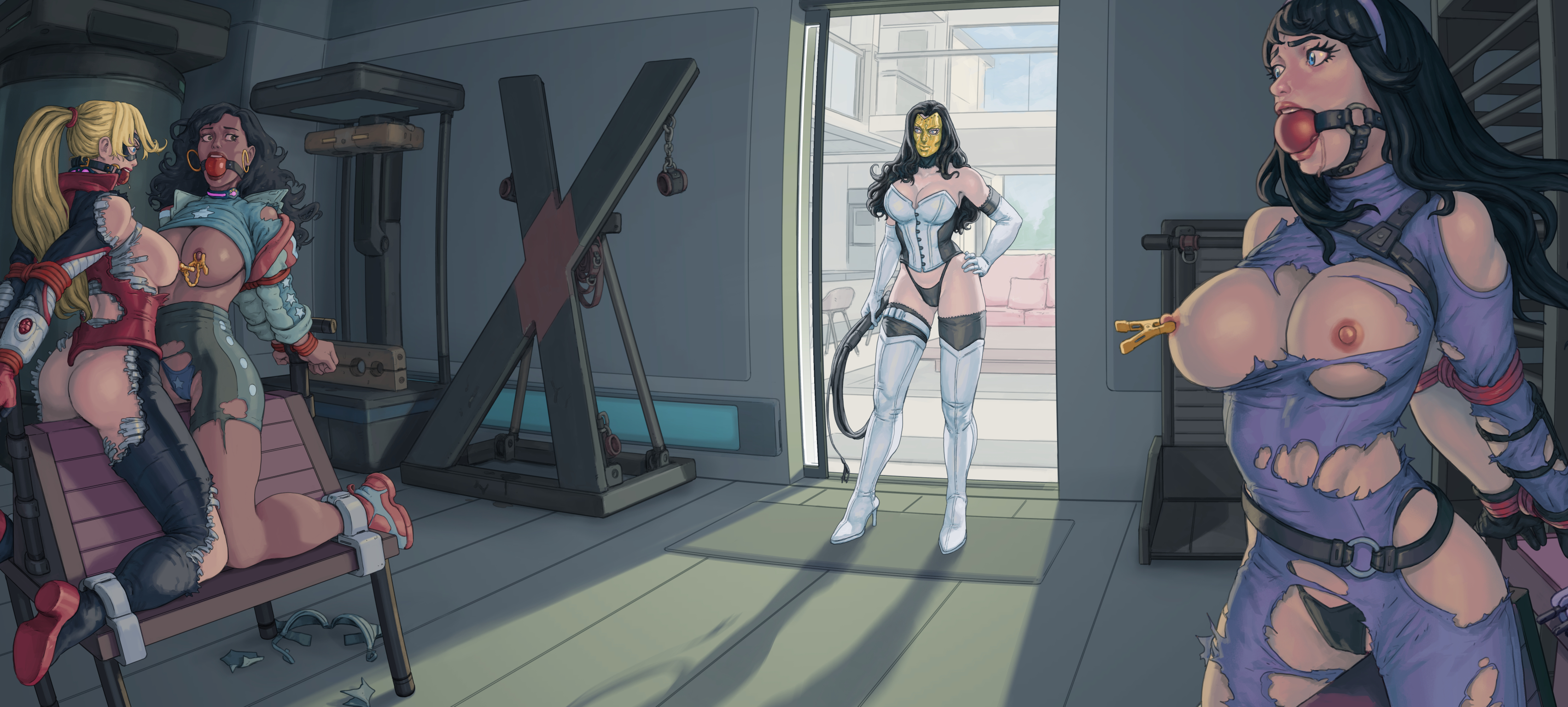 2d, 4girls, america chavez, ankle cuffs, ball gag, bdsm, bdsm room, bondage, bound, bound together, breasts, breasts out, captured, captured heroine, cassie lang, defeated, defeated heroine, dominant villain, drooling, female, female only, femdom, femsub, gag, gagging, hands behind back, heroine, kate bishop, lezdom, madame masque, marbus1000, marvel, mask, masked female, nipple clamps, panties, ripped clothing, rope bondage, superheroine, tagme, villainess, villainess on heroine, whip