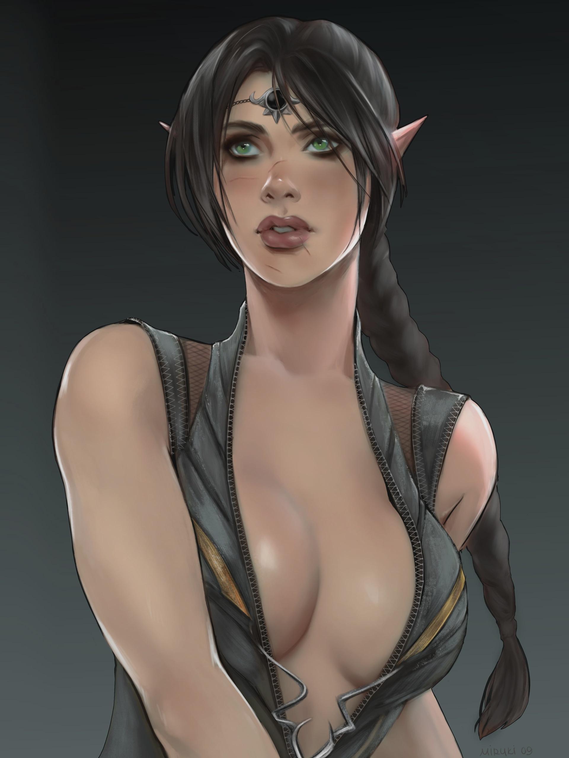 1girl, 1girls, 2d (artwork), 2d artwork, baldur's gate, baldur's gate 3, black hair, breasts, cleavage, clothed, clothed female, clothing, dark hair, elf, elf female, elf girl, exposed skin, female, female focus, female only, green eyes, half-elf, human, human female, humanoid, larian studios, light skin, light-skinned female, miruki09, pale skin, pale-skinned female, shadowheart, shadowheart (baldur's gate), sleeveless, sleeveless shirt, solo, solo female, solo focus