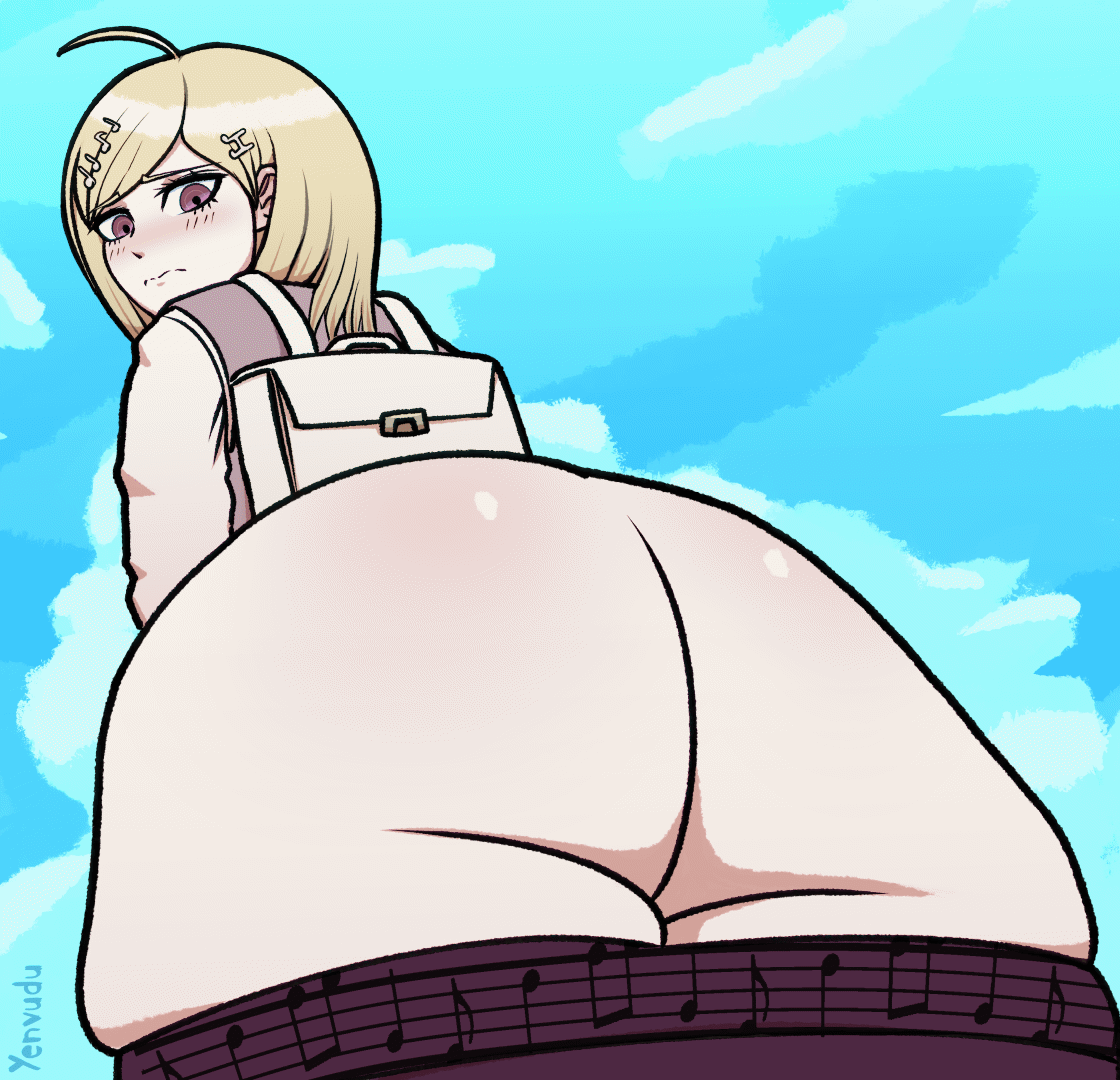 1girls, akamatsu kaede, animated, animated gif, ass, ass clapping, ass focus, backpack, big ass, blonde hair, bottom heavy, bubble butt, clapping cheeks, danganronpa, danganronpa v3, fat ass, female, female only, gif, gluteal fold, huge ass, jiggle, jiggling ass, large ass, looking at viewer, looking back, low-angle view, massive ass, outdoors, pussy, rear view, skirt, skirt down, solo, thick ass, thick thighs, thunder thighs, twerking, wide hips, yenvudu