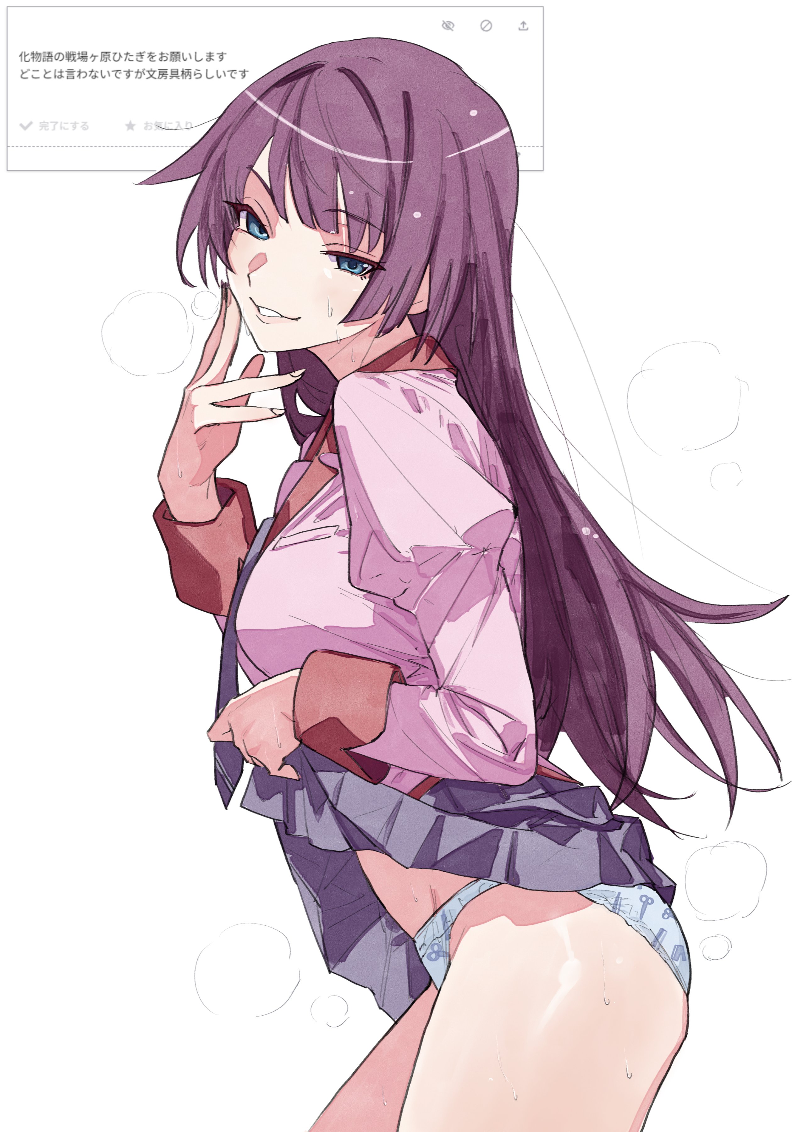 1girls, absurd res, artist request, blue eyes, blue panties, breasts, clothes lift, cowboy shot, female, flashing, from side, grin, hand up, highres, juliet sleeves, looking at viewer, monogatari (series), naoetsu high school uniform, panties, pink shirt, school uniform, schoolgirl, senjougahara hitagi, shirt, simple background, skirt, skirt lift, smile, solo, solo female, standing, steam, steaming body, sweat, underwear, upskirt, white background