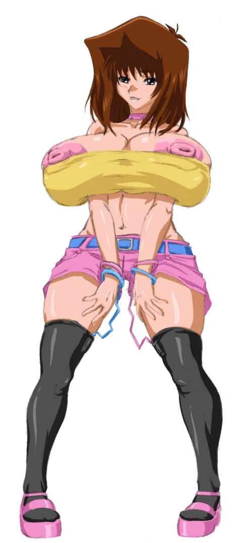 black_legwear brown_hair choker huge_breasts open_toe_shoes pink_shorts short_hair tea_gardner vibrator_under_clothes yu-gi-oh! zahkey