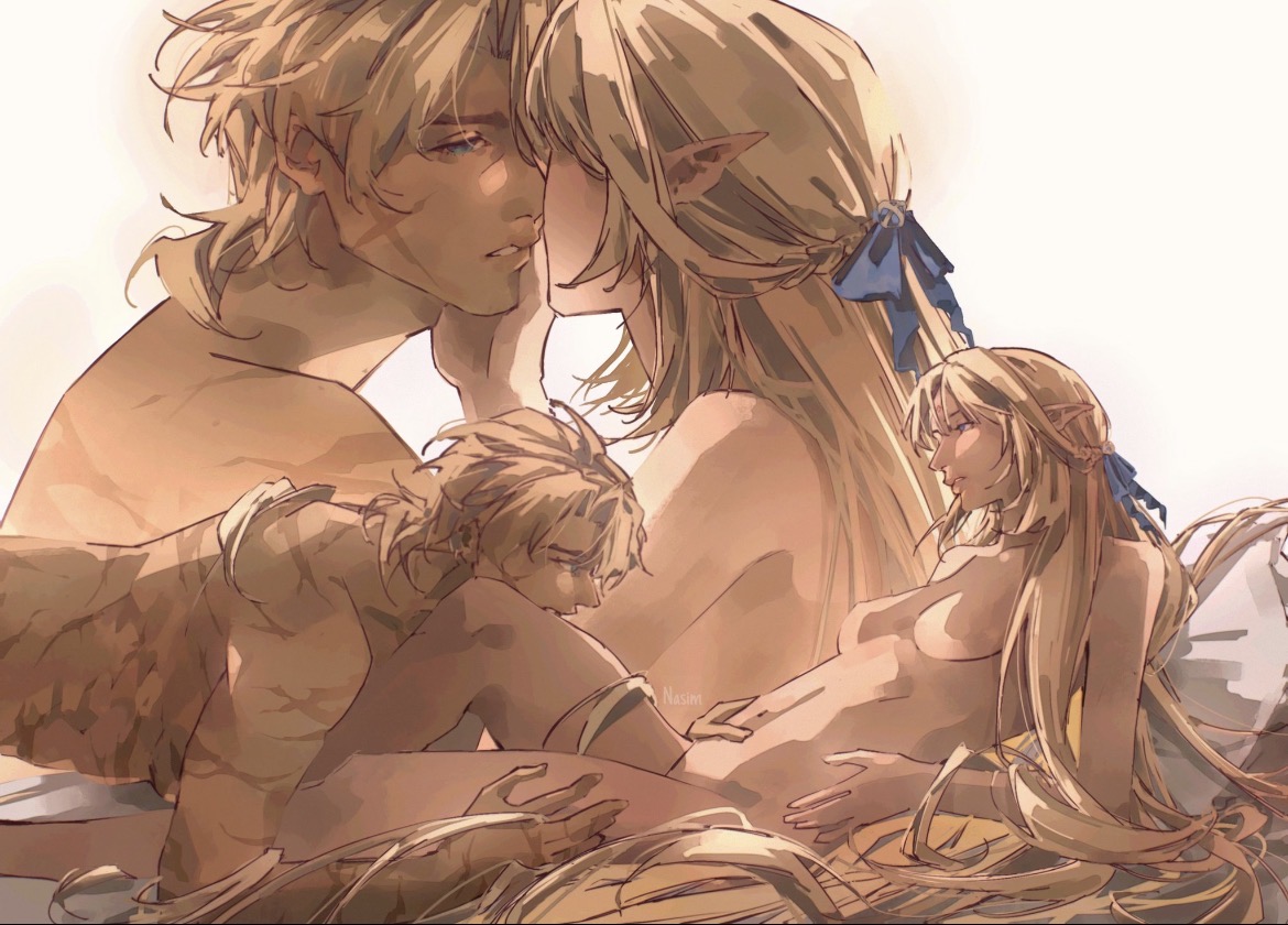 about to have sex, blonde hair, breasts, breasts out, couple, female, genshin impact, hairbow, hand on face, hand on stomach, hands on legs, kiss, kissing leg, long ears, long hair, male/female, medium breasts, muscular male, nicole reeyn (genshin impact), petite female, romantic sex, scars all over, varka (genshin impact)