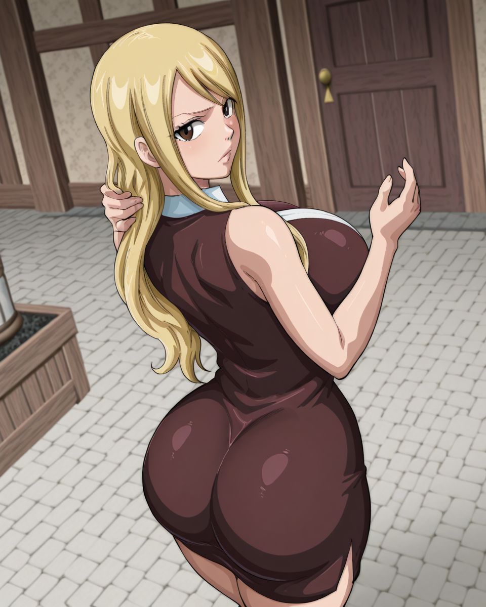 1girls, ai generated, big ass, big boobs, big breasts, blonde female, blonde hair, blonde-haired female, brown eyes, curvy, curvy body, curvy female, curvy figure, dress, fairy tail, female, female only, huge ass, huge breasts, kyoru189, large ass, large breasts, light skin, light-skinned female, looking at viewer, looking back, lucy heartfilia, mature female, shiny, shiny skin, solo, solo female