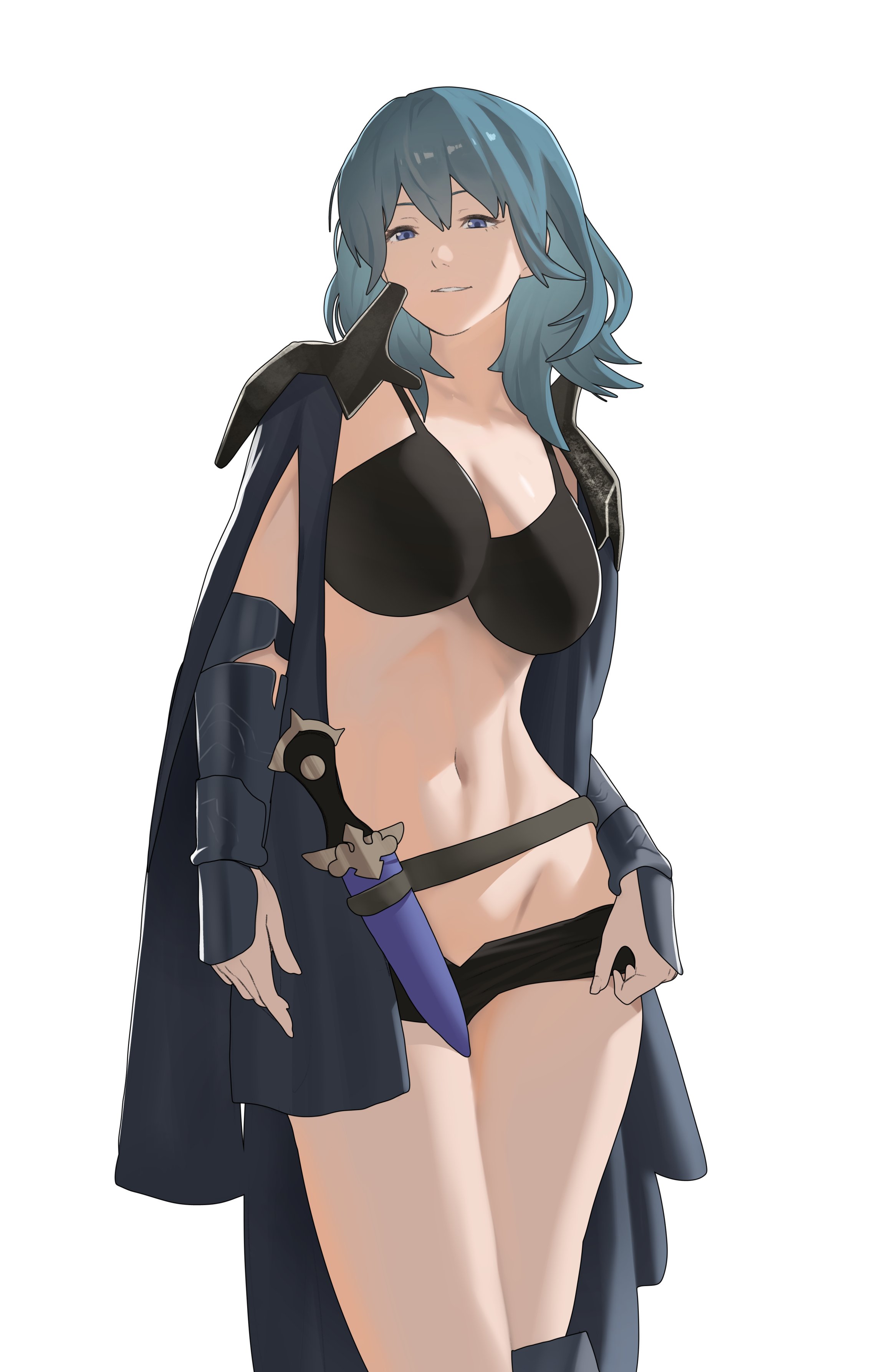 1girls, absurdres, armor, black bra, black shorts, blue eyes, blue hair, bra, breasts, byleth (fire emblem), byleth (fire emblem) (female), cleavage, collarbone, dagger, female, female only, fire emblem, fire emblem: three houses, gauntlets, grin, highres, knife, large breasts, medium hair, navel, nintendo, pomelomelon, short shorts, shorts, shoulder armor, simple background, smile, solo, standing, stomach, thighs, underwear, weapon, white background