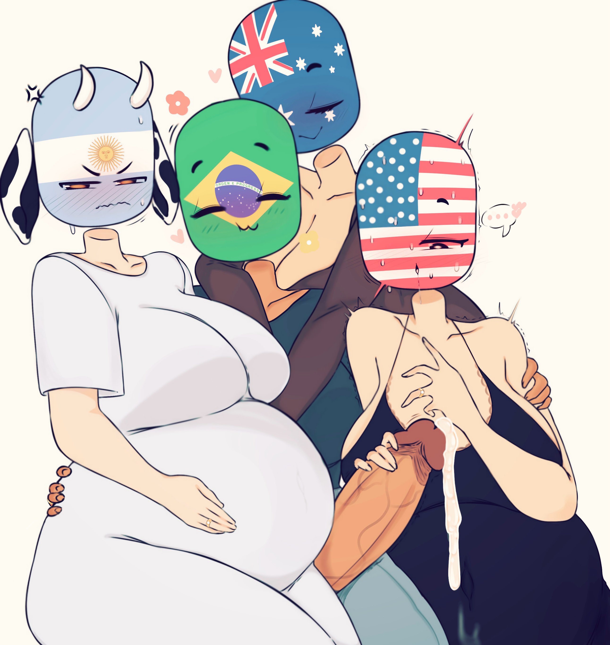 1futa, 2026, 3girls, angry, argentina (countryhumans), australia (countryhumans), big breasts, big penis, brazil (countryhumans), countryhumans, countryhumans girl, cum, cum drip, dark skin, dark-skinned futa, erect penis, erection, flawsy, flower, futa wife, heart, pale skin, pale-skinned female, pregnant, pregnant female, tagme, united states of america (countryhumans), white background