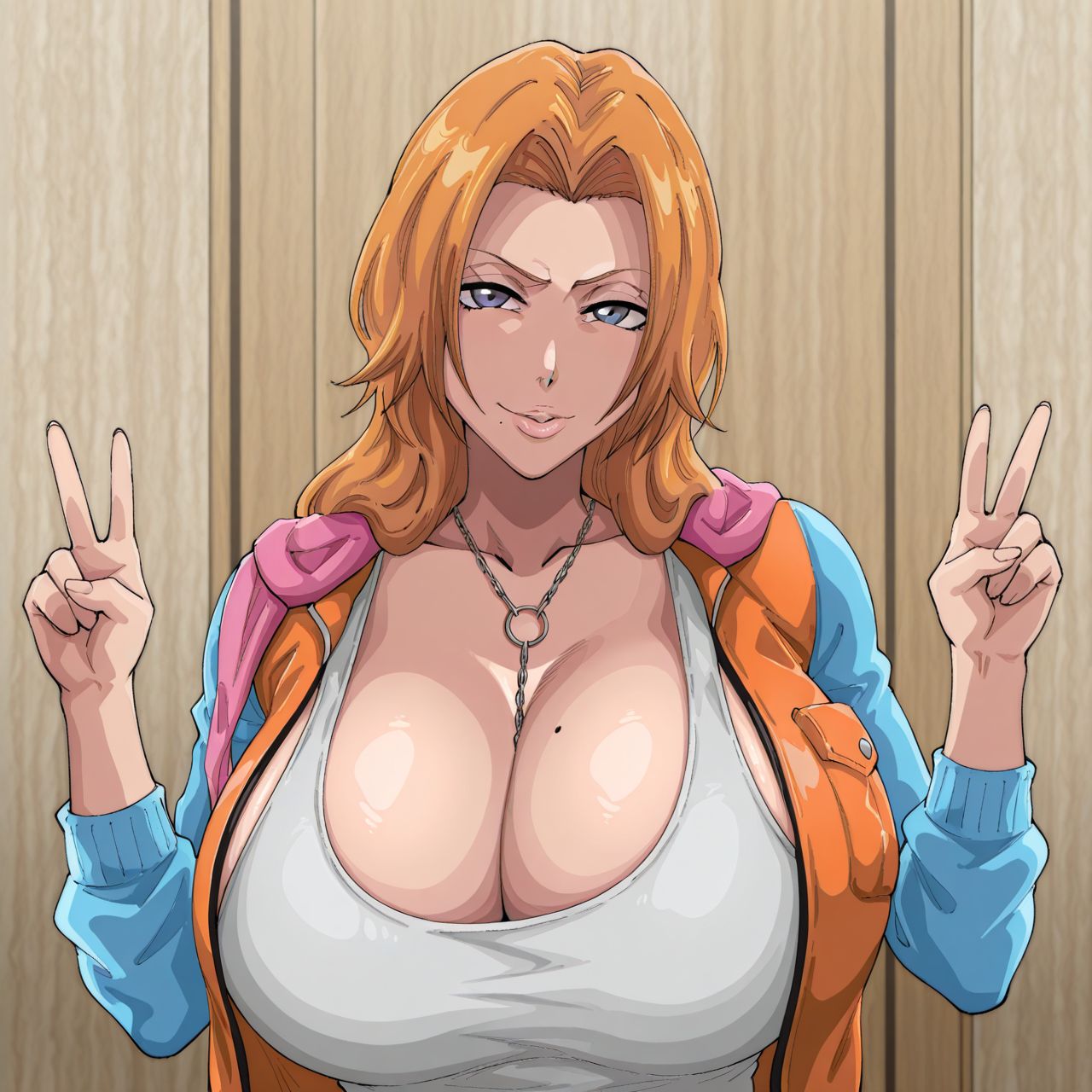 1girls, ai generated, big boobs, big breasts, bleach, bleach: the thousand-year blood war, blonde female, blonde hair, blue eyes, curvy, curvy body, curvy female, curvy figure, female, female only, huge breasts, jacket, kyoru189, large breasts, light skin, light-skinned female, looking at viewer, matsumoto rangiku, mature female, mole, mole on breast, mole under mouth, orange hair, peace sign, shiny, shiny skin, solo, solo female, tank top