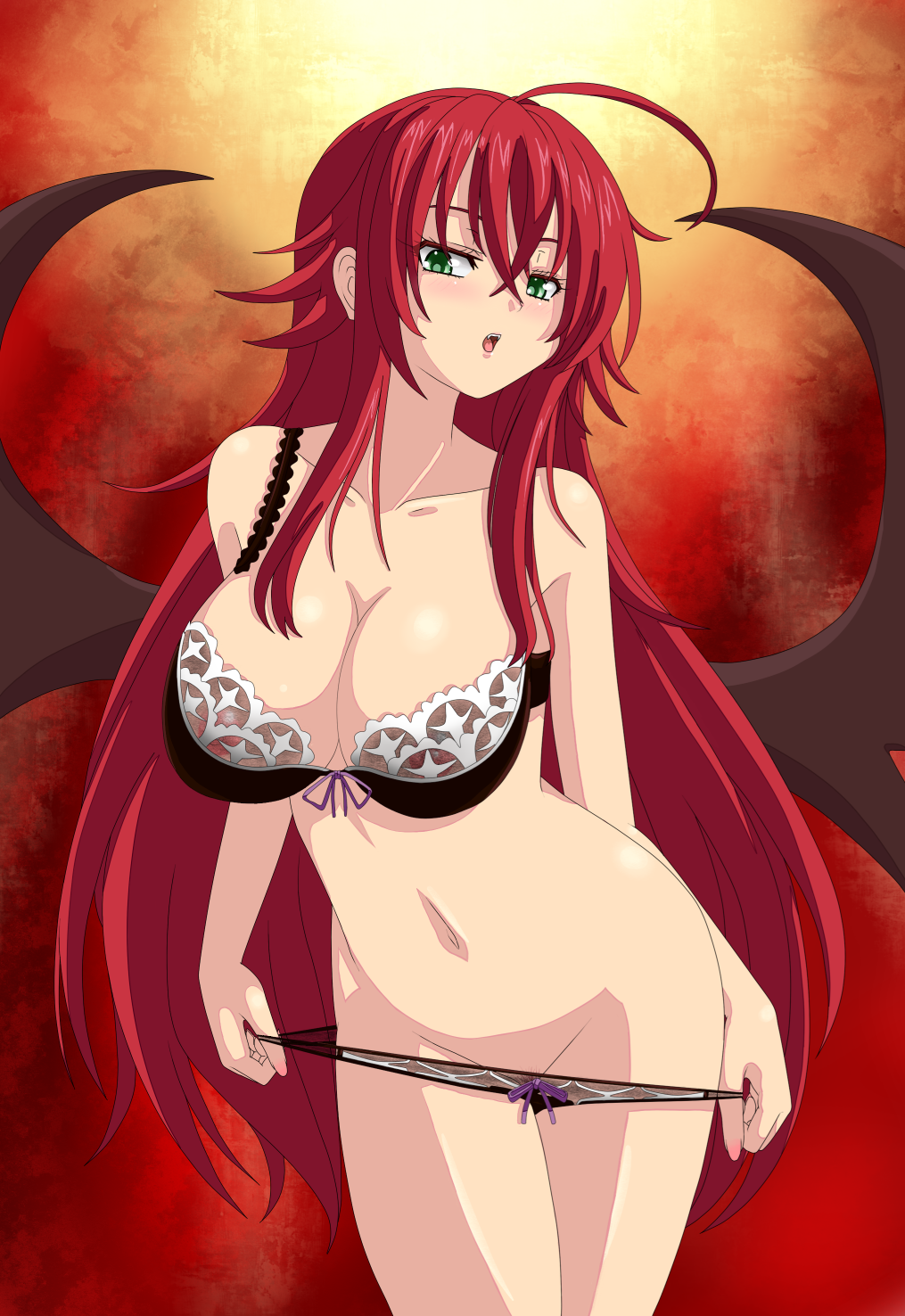 1girls ahoge blush bra breasts cartoony cleavage enoko_(zqfebi) fangs female female_only green_eyes high_school_dxd highres large_breasts long_hair nipples open_mouth panties pubic_hair pussy red_hair rias_gremory solo teeth underwear wings