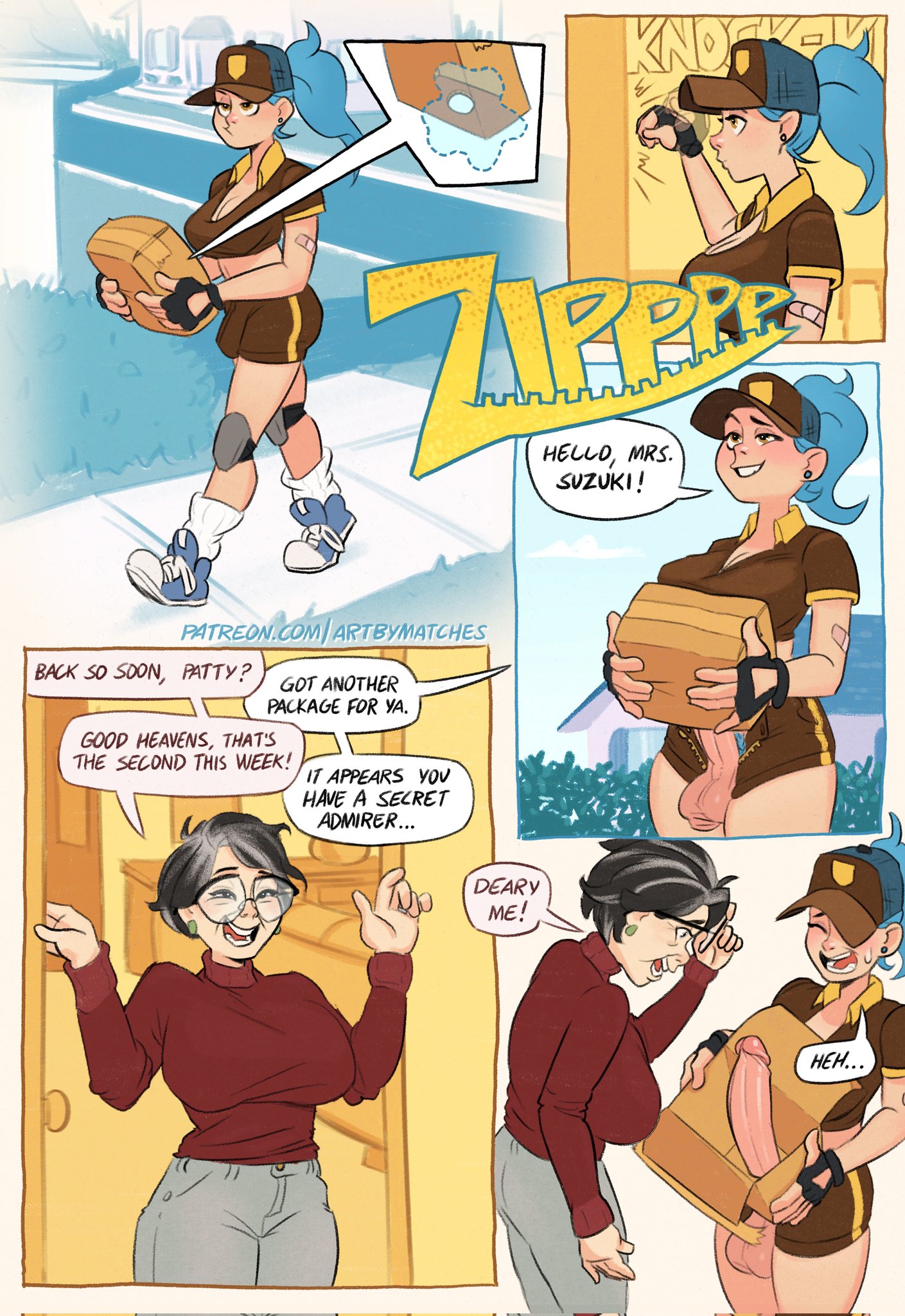 1futa, 1girls, 2d, artbymatches, blue hair, bulge, cropped shirt, dialogue, english text, fingerless gloves, futanari, gilf, human, human only, large breasts, looking at penis, parcel, penis awe, shorts, text, up shirt, ups uniform