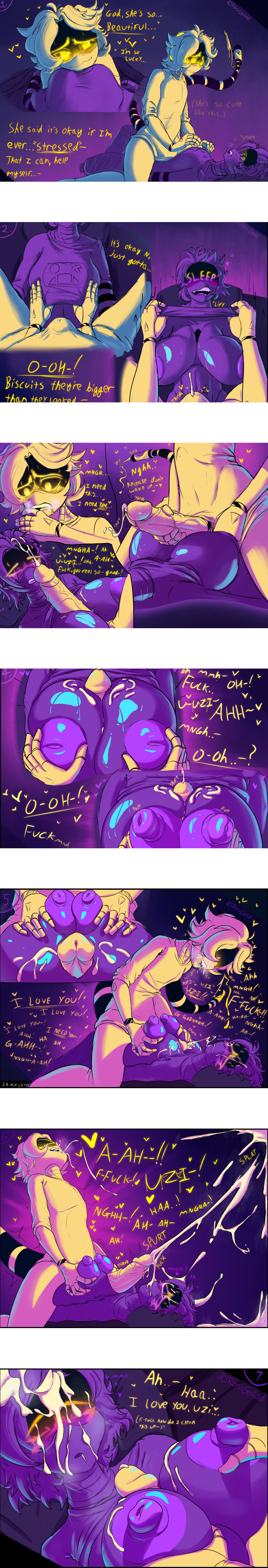 1boy, 1girls, big breasts, big penis, canon couple, comic, consensual, cum on face, cum through clothes, cum through clothing, cumming, exposing breasts, female, femboy, glitch productions, hung femboy, hung trap, inverted nipples popping out, male/female, moaning, murder drones, n (murder drones), robot boy, robot girl, rosigoldd, sleeping sex, somnophilia, straight, titjob, uzi (murder drones)
