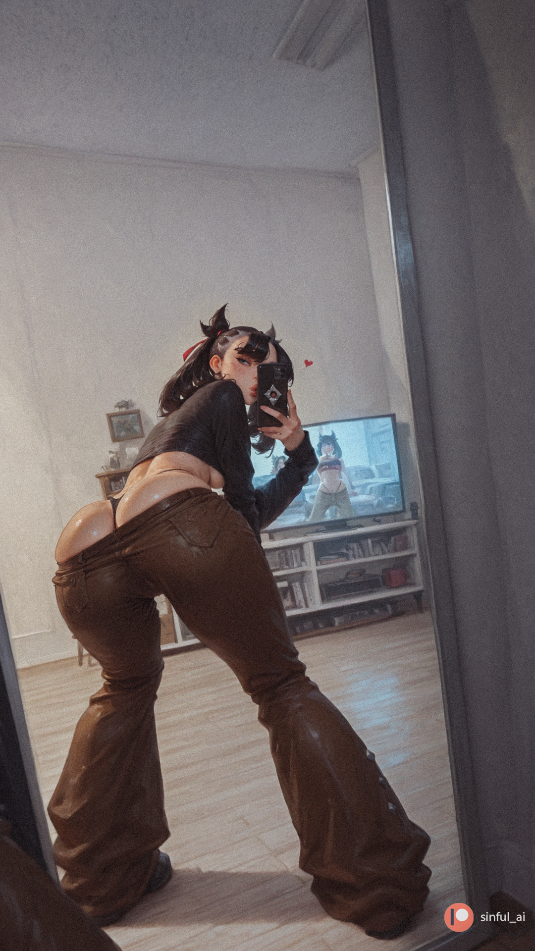 1girl, ai generated, aisinful, ass, big ass, big boobs, big butt, black hair, black panties, blush, breasts, butt, female, from behind, heart, hi res, large breasts, marnie (pokemon), medium breasts, panties, pants, pokemon, pokemon ss, selfie, solo, thick thighs, thong, underwear, wide hips