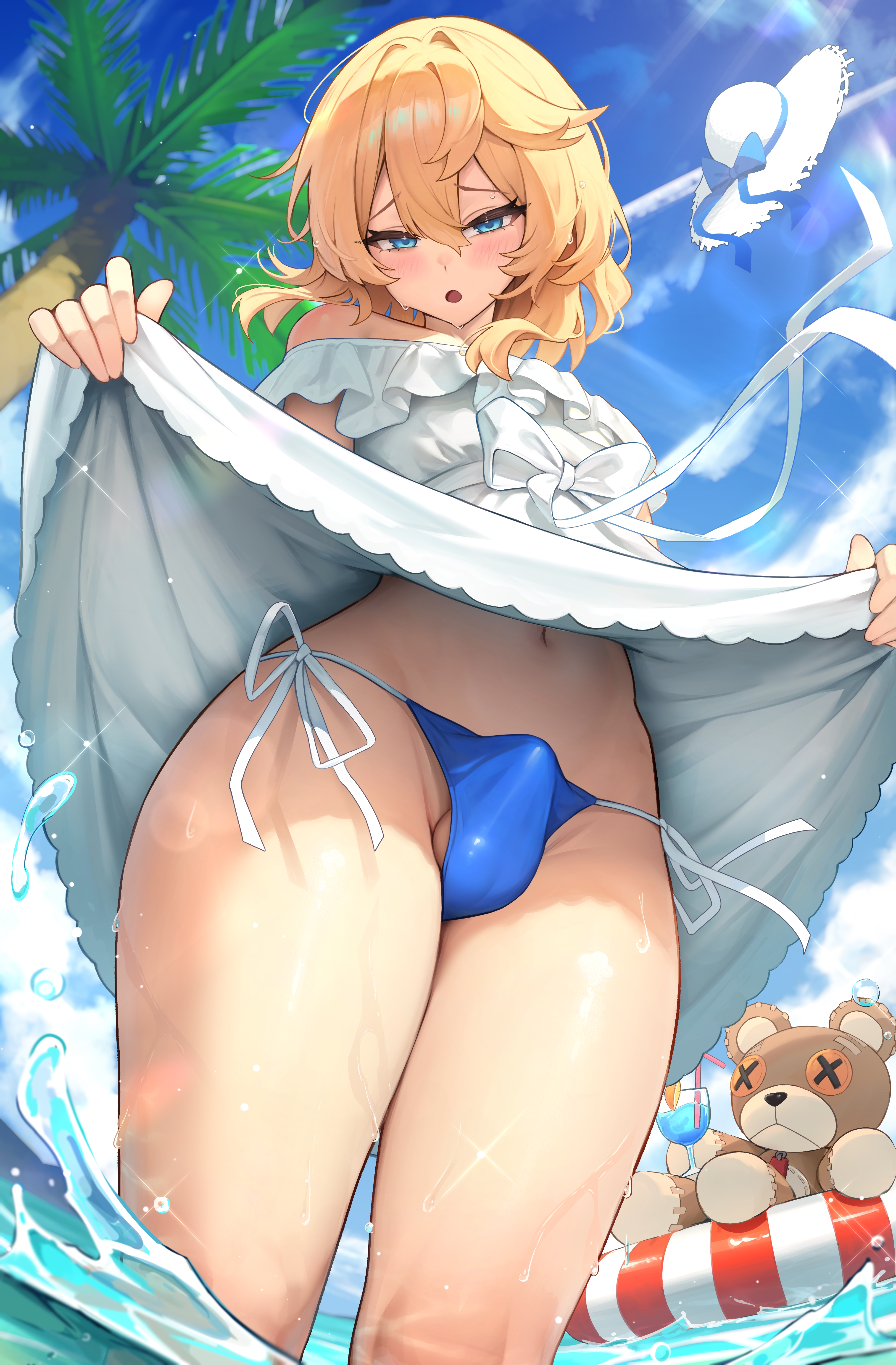 1boy, bare shoulders, beach, bikini bottom, blonde hair, blowing up, blue bikini bottom, blue eyes, blurry background, bridget, bridget (guilty gear), bulge, bulge through clothing, cloud, cloudy sky, coconut tree, day, daytime, depth of field, double-parted bangs, dress, dress bow, dress lift, dress lifted by self, drink, drinking glass, erect penis, eyebrows visible through hair, femboy, guilty gear, hair between eyes, hakusyokuto, hat, hat bow, hat removed, knees, lifebuoy, looking at viewer, male, medium hair, navel, ocean, open mouth, outdoors, partially submerged, petite male, portrait, roger (guilty gear), shadow, side-tie bikini bottom, sky, sleeveless, sleeveless dress, solo, solo male, splashing, standing, straw hat, sundress, swim ring, teddy bear, testicle peek, testicles, thighs, tongue, tree, very high resolution, viewed from below, water, white dress
