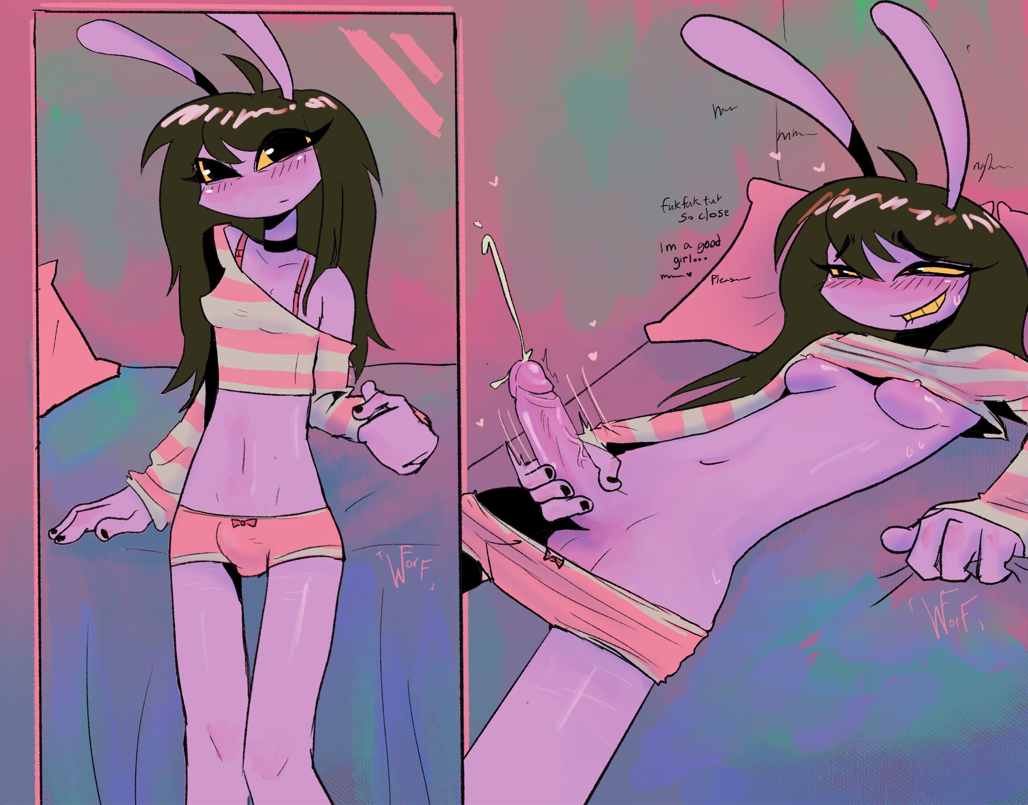 1dickgirl, anthro, biting lip, black eyes, black hair, black nail polish, dialogue, dickgirl, eyelashes, female jax, glitch productions, gooning, gooseworx, gooseworx's post-transition jax design, jax (the amazing digital circus), lagomorph, long hair, masturbation, nail polish, painted nails, penile masturbation, purple body, rabbit, solo, the amazing digital circus, trans woman, transgender, wolfforferal, yellow sclera