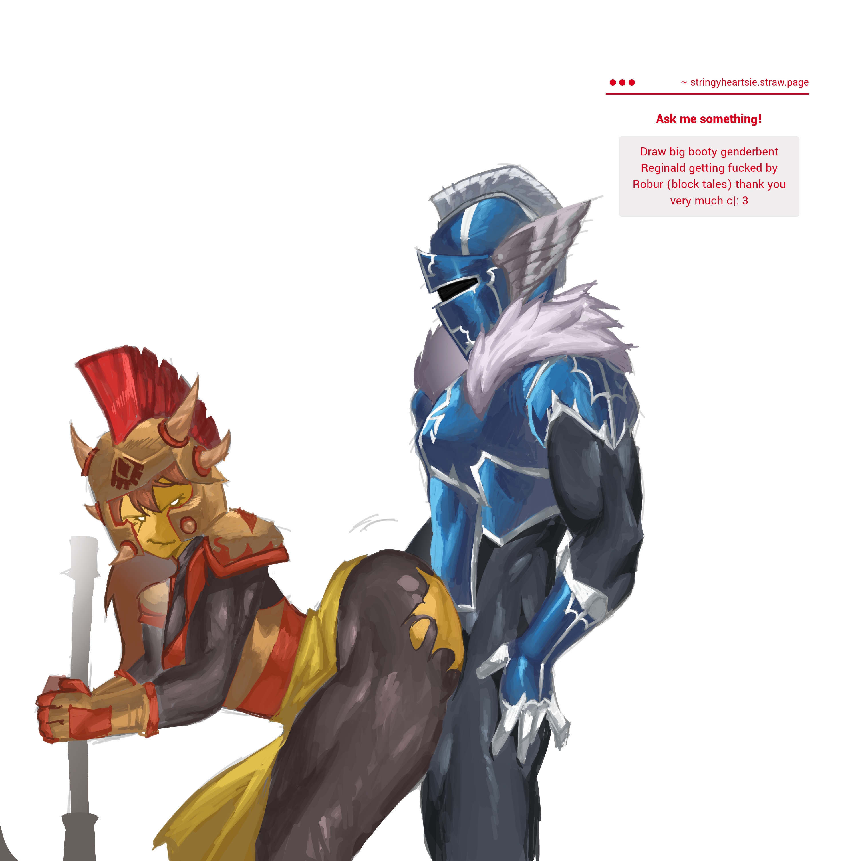 1boy, 1girl, ambiguous penetration, armor, backshots, bent over, block tales, female, genderswap, genderswap (mtf), ginger, lornan1hater, male, masked male, orange hair, reginald (block tales), request, ripped clothing, roblox, roblox game, robloxian, robur (block tales), rule 63, self upload, smile, straight, strawpage request, tagme, thighs, yellow skin