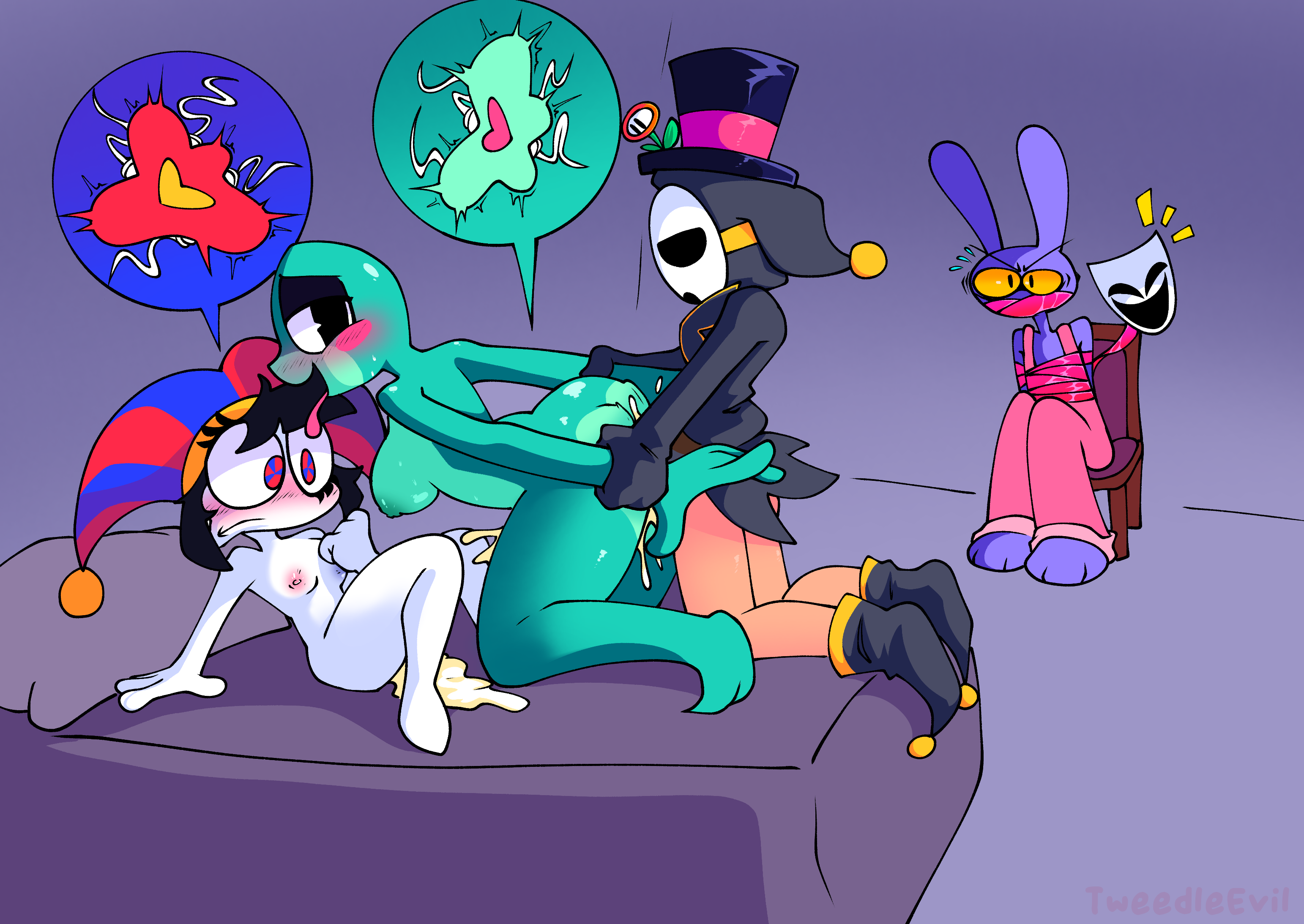 2boys, 3girls, anthro, anti groove, arm grab, black eyes, blush, blushing, bondage, bottomless, bottomless male, breasts, bunny ears, chair, cuckold, cum, cum in pussy, cum inside, female anthro, frog, frog girl, gangle (the amazing digital circus), impregnation, jax (the amazing digital circus), leaking cum, nude, nude male, pomni (the amazing digital circus), purple fur, ribbit (the amazing digital circus), sex, sex from behind, straight, the amazing digital circus, threesome, tongue, tongue out, tweedleevil, vaginal, vaginal penetration, watching, watching sex, wrapped