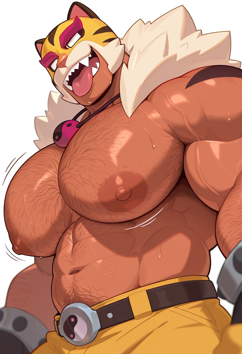 ai generated, bara, beefy, brawl stars, el primo (brawl stars), el tigro, hairy male, huge pecs, muscular male, sweaty