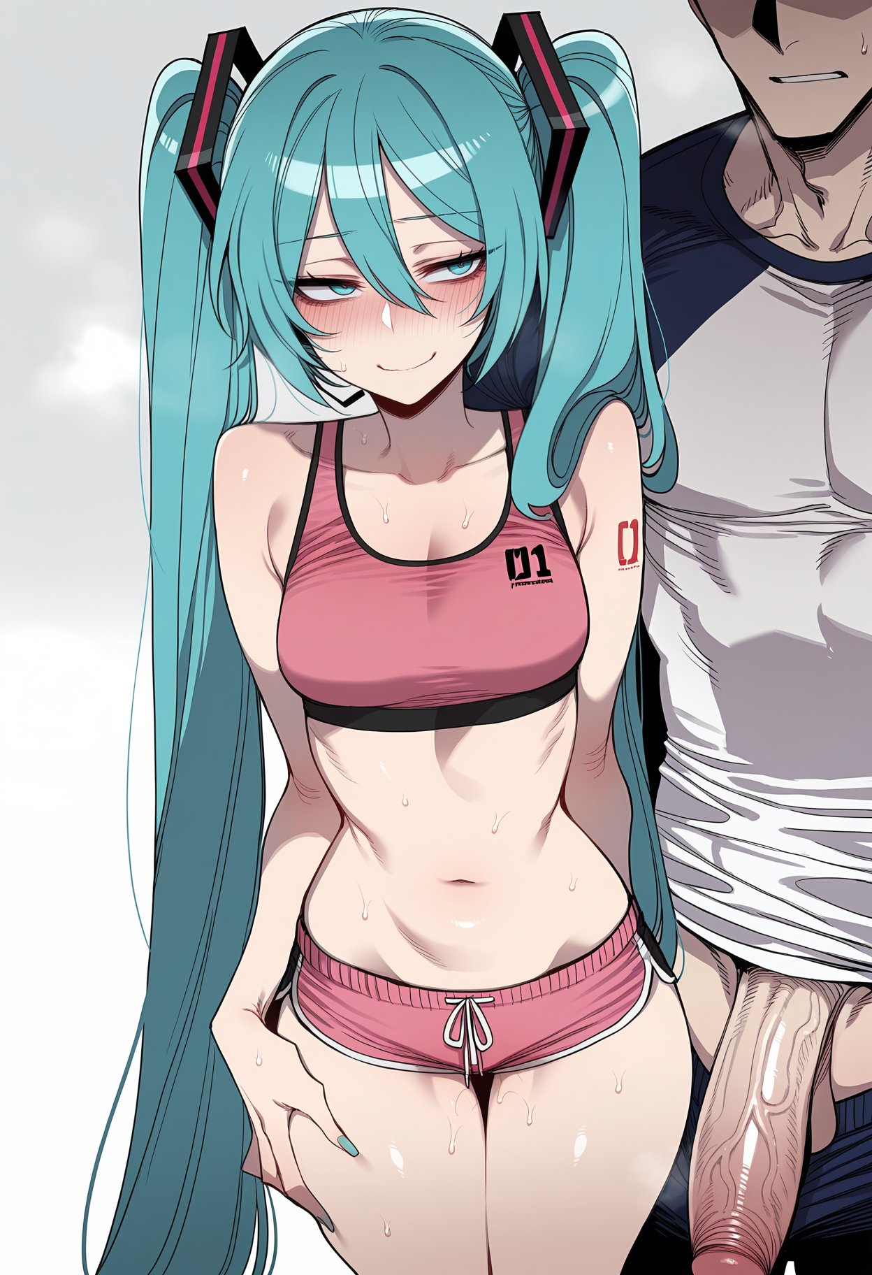 1boy, 1girl, ai generated, aqua eyes, aqua hair, aqua nails, bare shoulders, blue eyes, blush, bra, breasts, closed mouth, clothing, collarbone, cowboy shot, dolphin shorts, erection, faceless, faceless male, female, fingernails, flaccid, green nails, hair between eyes, hair ornament, hand on another's thigh, hand on own thigh, hatsune miku, hetero, large penis, long fingernails, long hair, looking to the side, male, medium breasts, midriff, nail polish, navel, nyanclaire, pants, penis, pink shorts, pink sports bra, raglan sleeves, shirt, short shorts, shorts, simple background, small breasts, smile, solo focus, sports bra, sportswear, standing, stomach, sweat, tattoo, testicles, thigh gap, thighs, twintails, underwear, veins, veiny arms, veiny penis, very long hair, vocaloid