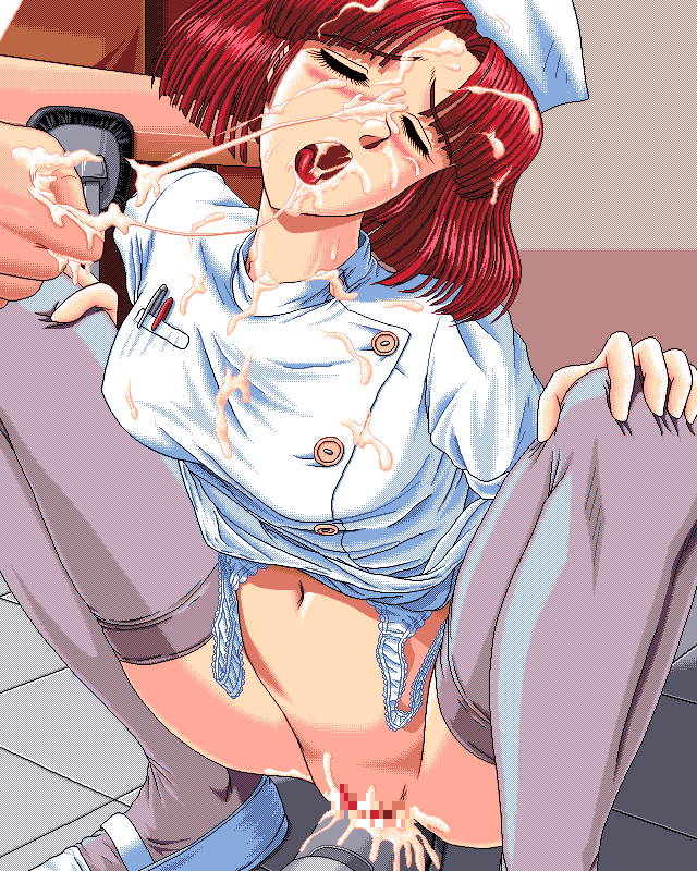 4bpp 90s blush censored cum cum_on_clothes cumshot d.o. facial game_cg hoshi_no_suna_monogatari hoshi_no_suna_monogatari_3 nurse nurse_cap oldschool pc98 shima_(d.o.) skirt_lift squatting thighhighs tongue