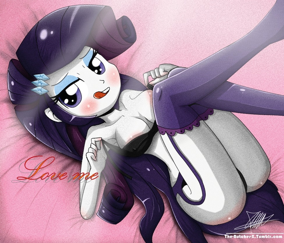 black_bra black_panties blue_eyes blush bra breasts equestria_girls erect_nipples eyeshadow female friendship_is_magic garter garter_straps hairclip human humanized legs_up long_hair lying makeup my_little_pony nipples on_back panties purple_hair purple_legwear rarity_(eg) smooth_skin solo the-butch-x the_butcher_(artist) thighhighs tongue tongue_out undressing white_skin