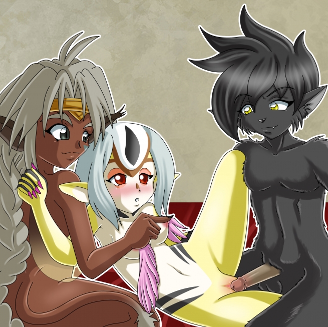 2girls aisha_clanclan artist_request blue_submarine_no._6 blush breasts crossover female grey_hair humanoid interspecies long_hair male marine mutio open_mouth outlaw_star penetration penis pussy sawgoddess-belle sex spread_legs vaginal_penetration yellow_skin