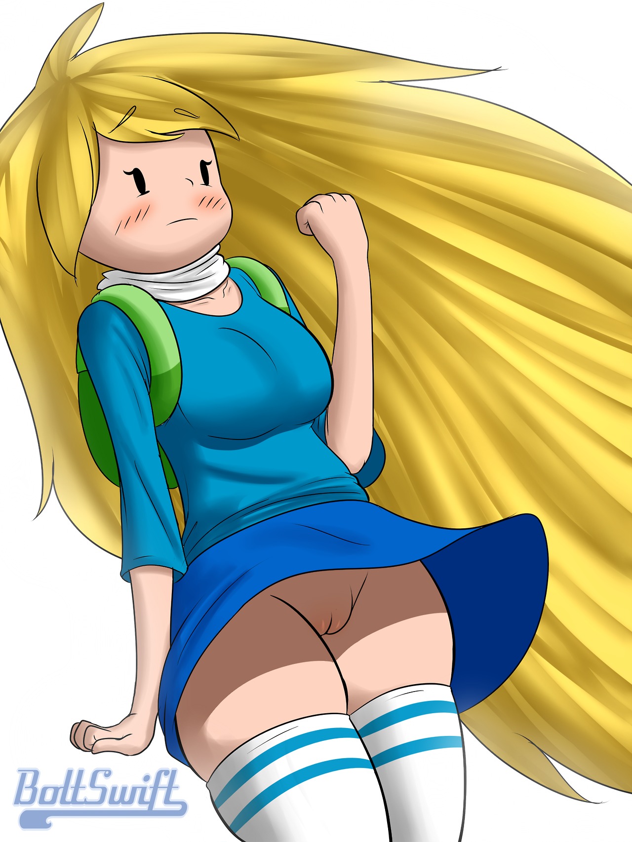 adventure time, backpack, black eyes, blonde hair, blush, boltswift, dutch angle, female, fionna the human girl, long hair, no panties, pussy, simple background, skirt, solo, standing, thighhighs, uncensored, upskirt, very long hair, white background, white legwear