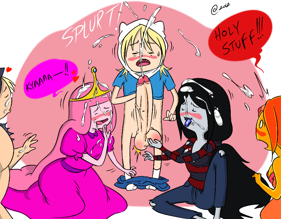 1boy 4girls @atsign adventure_time big_balls blush boner clothed_female_nude_male cum cum_on_body cum_on_breast cum_on_face cum_on_hair cum_on_shoulder cum_on_shoulders cumming dialogue erection finn_the_human flame_princess gigantic_penis grabbing_balls grabbing_penis marceline multiple_girls open_mouth penis_awe princess_bubblegum small_but_hung susan_strong throbbing