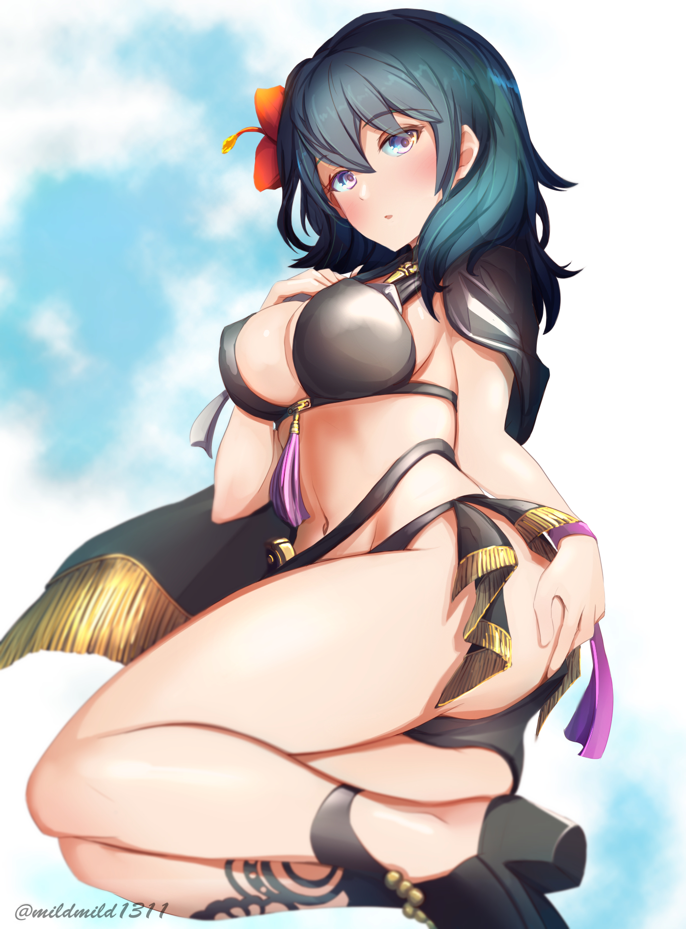 1girls, alternate costume, ass, bare legs, big ass, bikini, black bikini, black footwear, black swimsuit, blue eyes, breasts, byleth (fire emblem), byleth (fire emblem) (female), cape, choker, clear glass (mildmild1311), female, fire emblem, fire emblem heroes, fire emblem: three houses, flower, hair flower, high heels, large breasts, looking at viewer, medium hair, nintendo, red flower, sandals, sideboob, solo, summer, swimsuit, teal hair