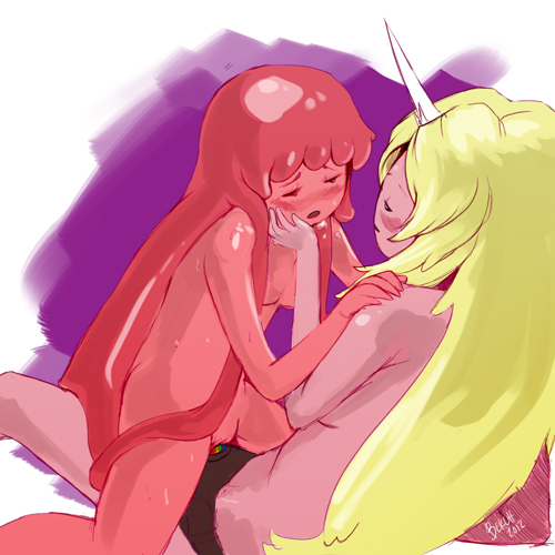 2012 adventure_time bekei blush breasts dated female lady_rainicorn long_hair multiple_girls princess_bubblegum small_breasts yuri