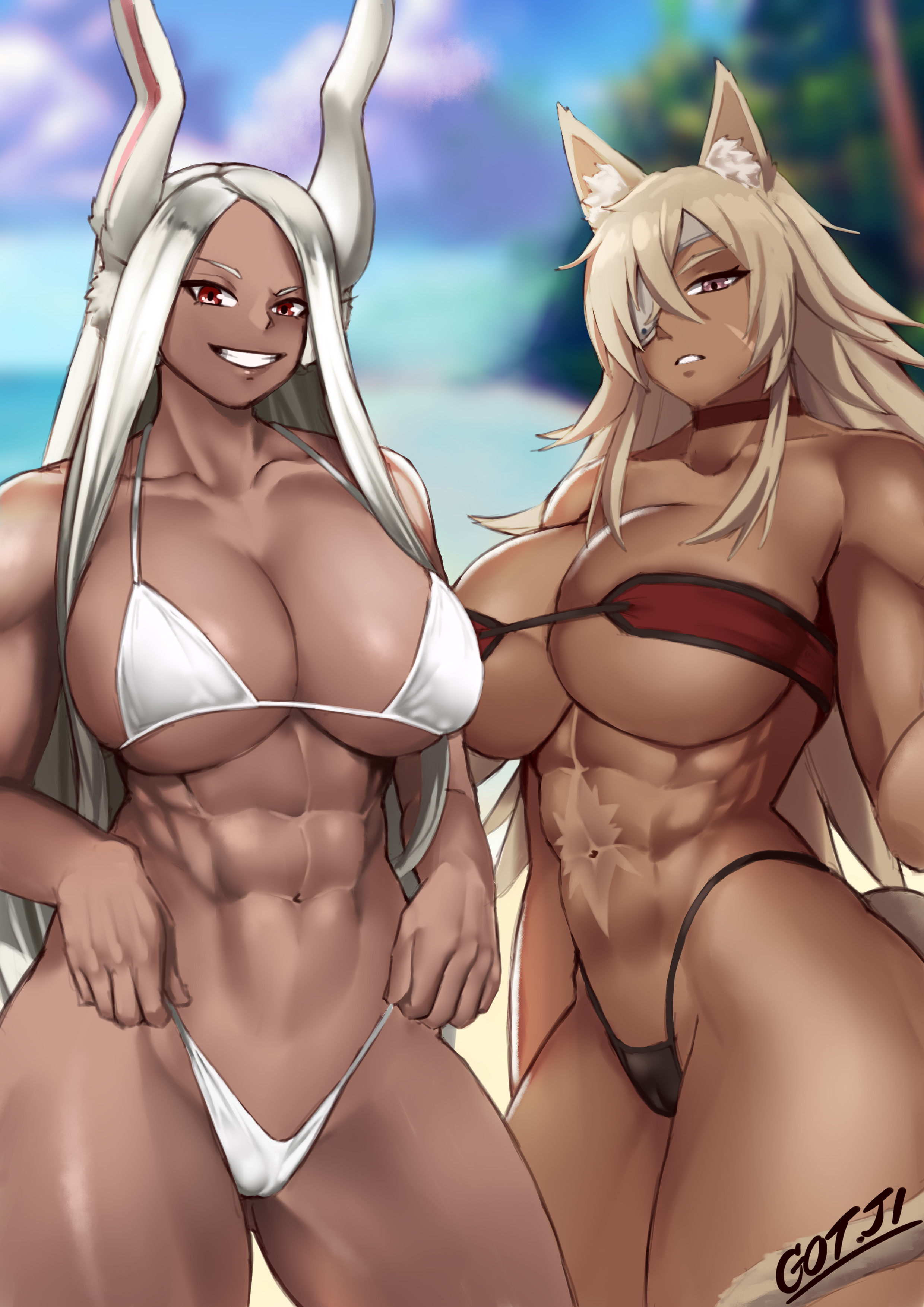 2girls, abs, animal ears, athletic, athletic female, big breasts, bikini, bikini bottom, bikini top, bottomwear, breasts, bunny ears, bunny girl, cleavage, crossover, dark skin, dark-skinned female, eyepatch, female, female only, fully clothed, g-string, ghislaine dedoldia, gojich1, grey hair, hourglass figure, huge breasts, kemonomimi, large breasts, long hair, mature female, micro bikini, miruko, multiple females, multiple girls, muscles, muscular, muscular female, mushoku tensei, my hero academia, one eye obstructed, red eyes, rumi usagiyama, slim waist, smile, swimsuit, swimwear, thick thighs, thighs, thong, topwear, white bikini, white hair, wide hips