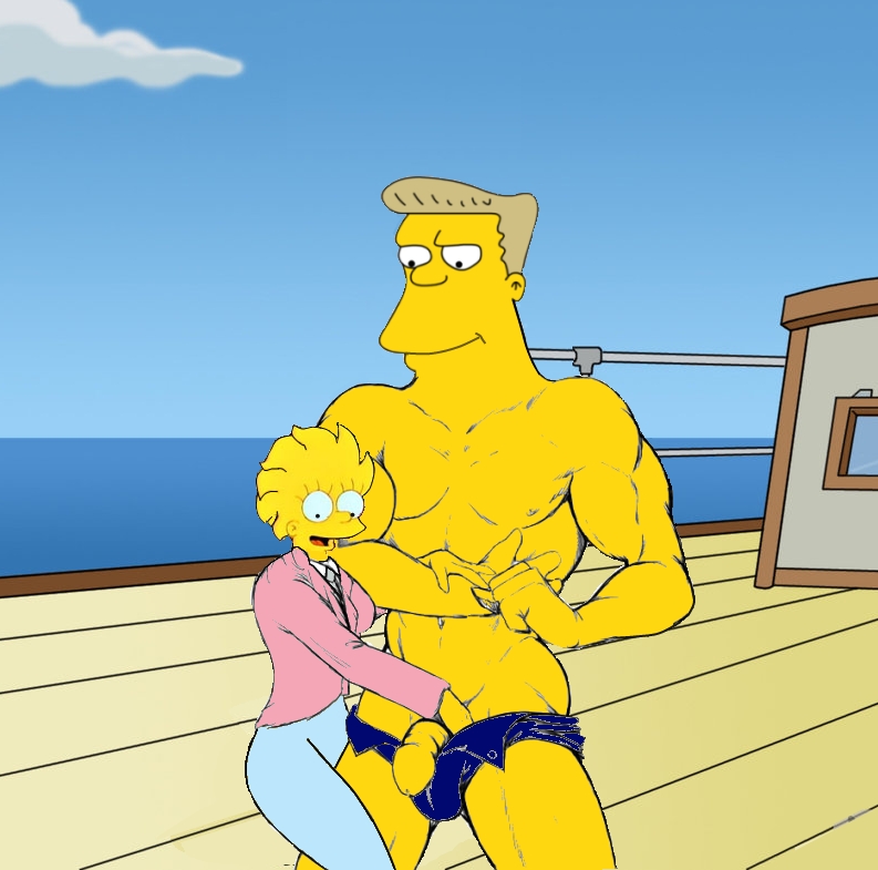 1boy 1girls ball_bulge color female flaccid_penis handjob human human_only lisa_simpson male muscles muscular_male pecs penis rainier_wolfcastle smooth_penis straight the_simpsons toony yellow_body yellow_skin