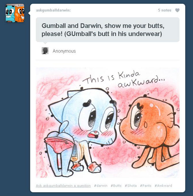 anthro anthro_male anthro_only blush blushing blushing_male cartoon_network color colored darwin_watterson english english_text gumball_watterson hashtag male male_focus male_only red_background red_underwear tagme text the_amazing_world_of_gumball tumblr tumblr_ask younger younger_male